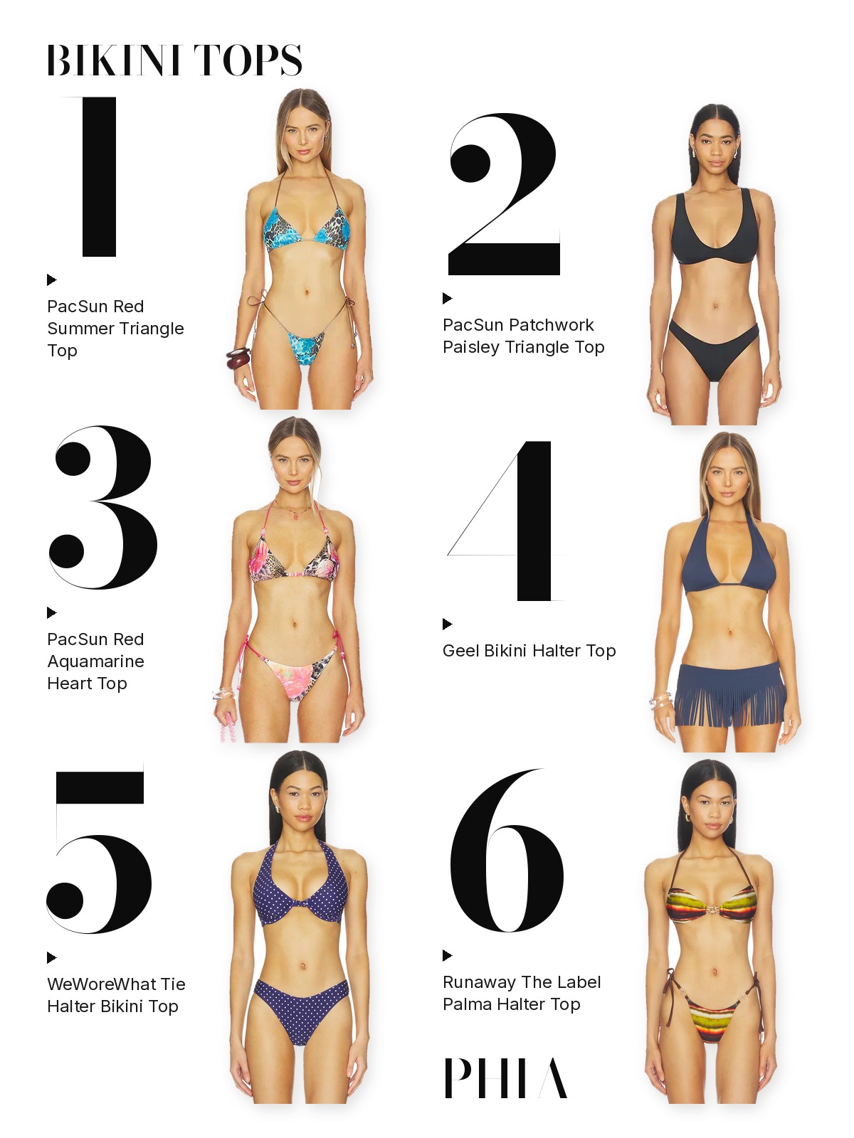 Numbered collage of six bikini tops from this edit: PacSun Red Summer Triangle Top, PacSun Patchwork Paisley Triangle Top, PacSun Red Aquamarine Heart Top, Geel Bikini Halter Top, WeWoreWhat Tie Halter Bikini Top and Runaway The Label Palma Halter Top.