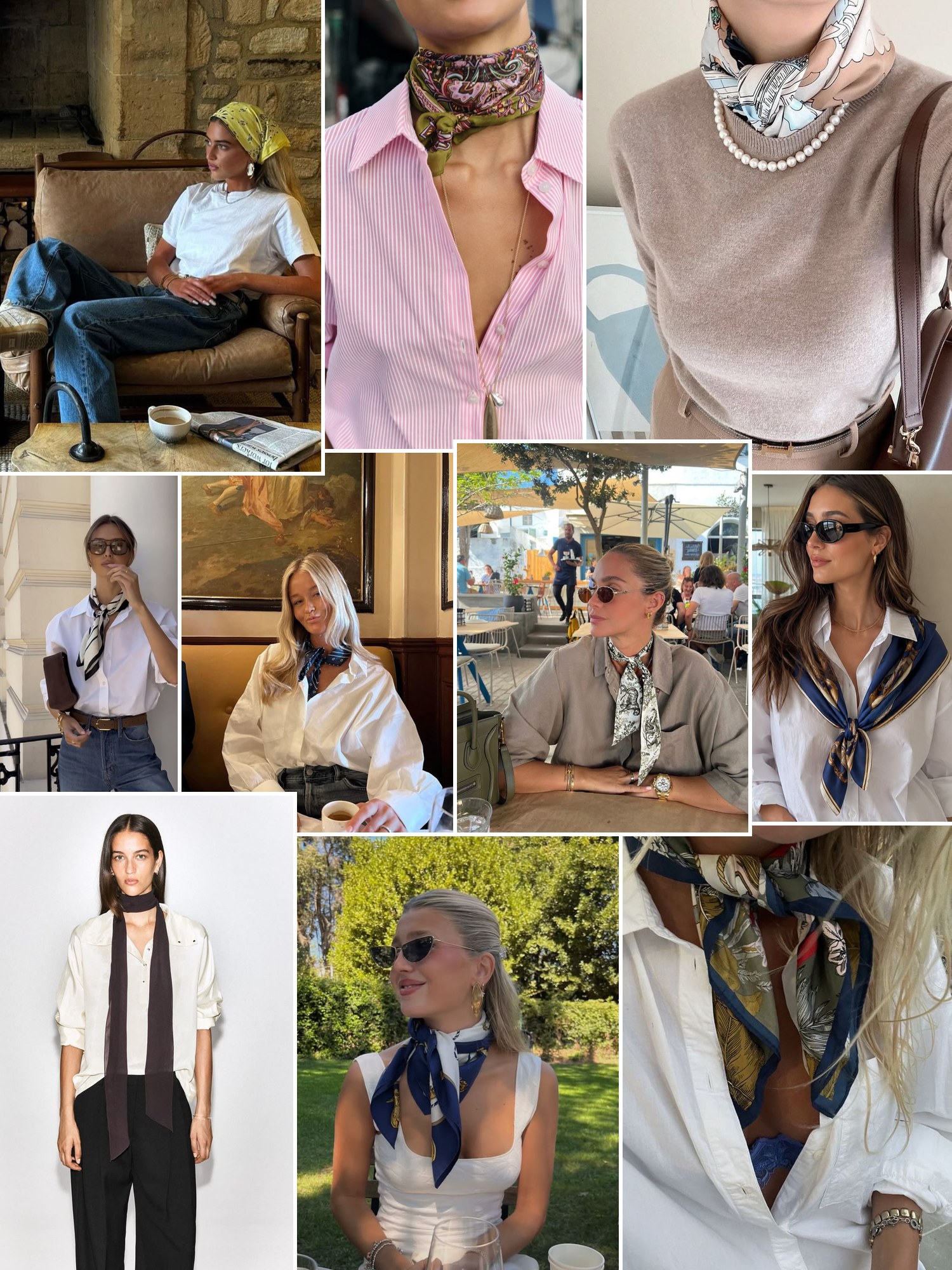 Collage of everyday outfits built around Silk scarf