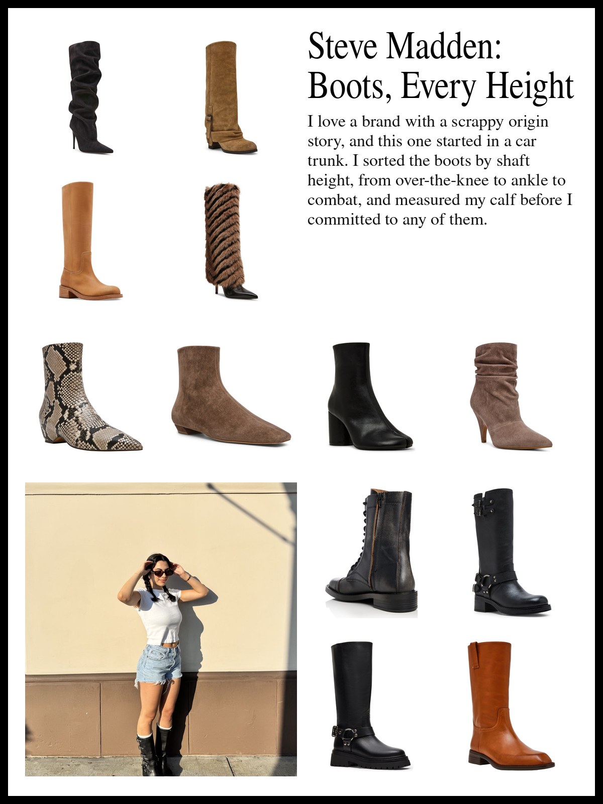 Collage of Steve Madden knee-high stiletto and slouch boots, ankle booties with block, wedge and kitten heels, and combat, moto, western and lug-sole boots, and a mood photo of denim shorts, a white tee and black knee high boots in the sun.