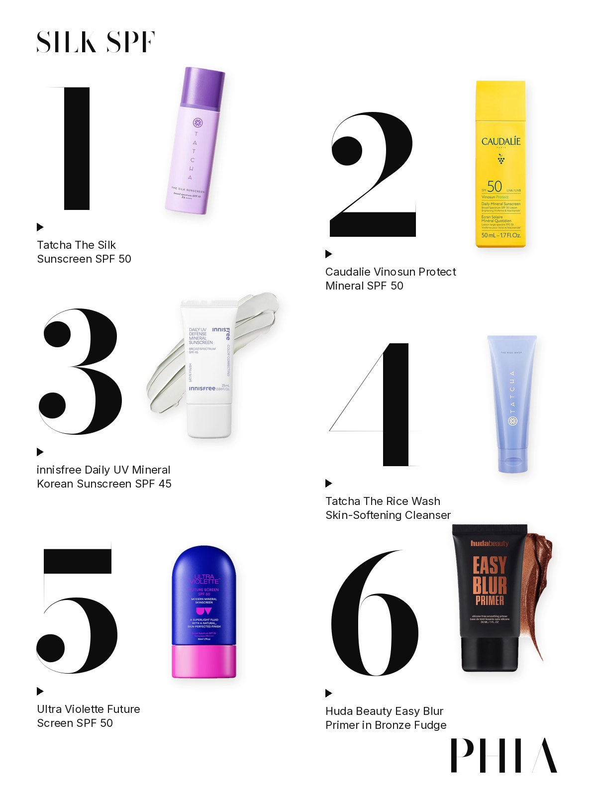 Big numbers collage for Tatcha The Silk Sunscreen: six products from Tatcha, Caudalie, innisfree, Ultra Violette and Huda Beauty, each set beside a large numeral