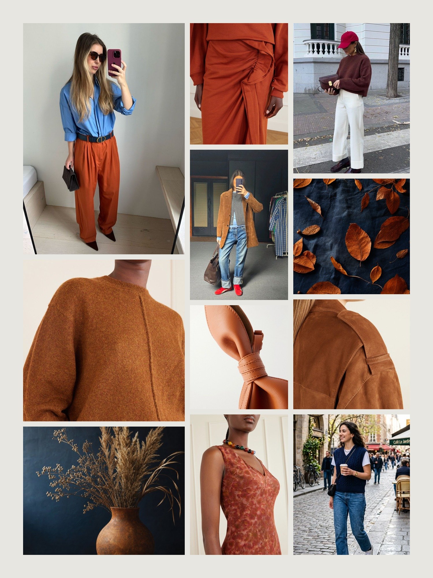 Mood board for rust and navy outfits: four street-style photos of women wearing rust and navy, close-ups of the Isabel Marant alpaca-blend sweater, the Dries Van Noten midi skirt, the Loewe shoulder bag, the Cortana maxi dress and the Arma suede jacket from this edit, and two still lifes in both colors