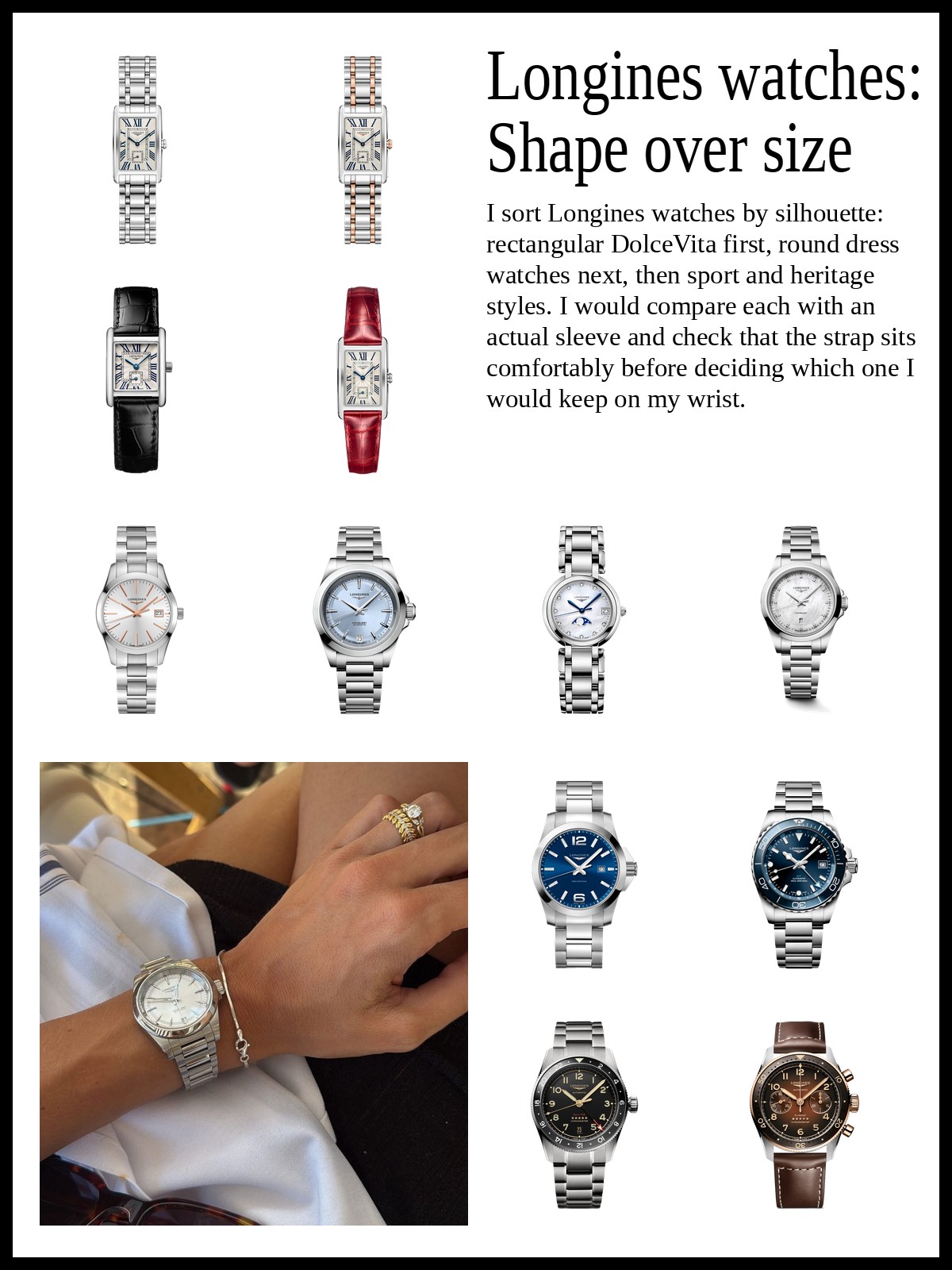 Collage of rectangular DolceVita watches, round dress watches, and sport and heritage watches