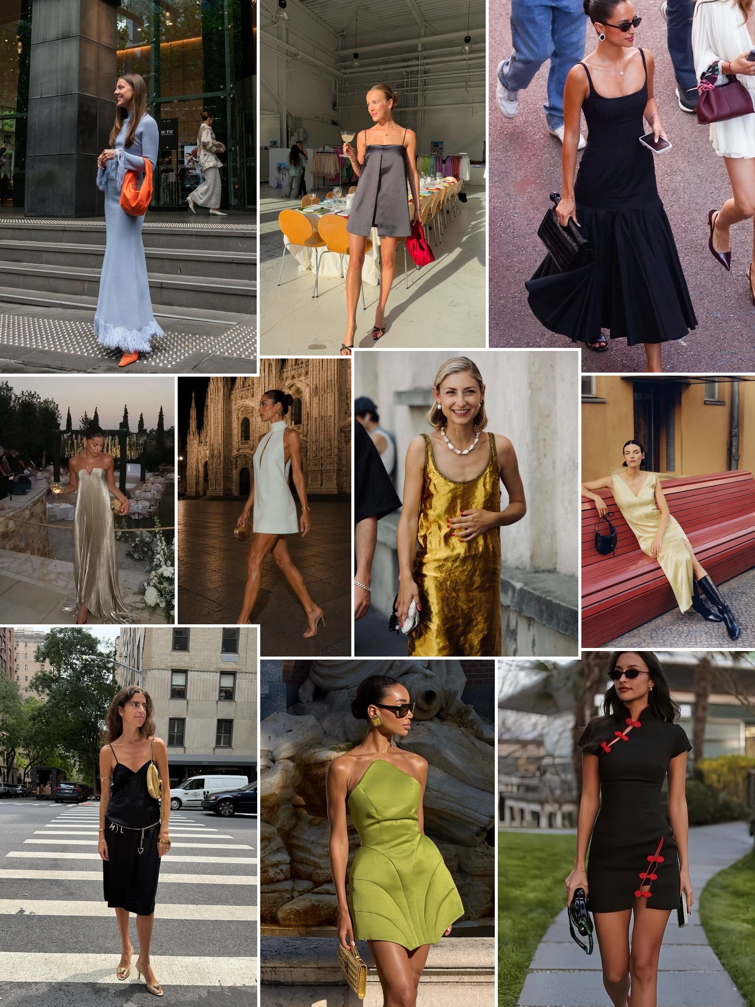 Collage of cocktail dresses with bows and sculptural shapes
