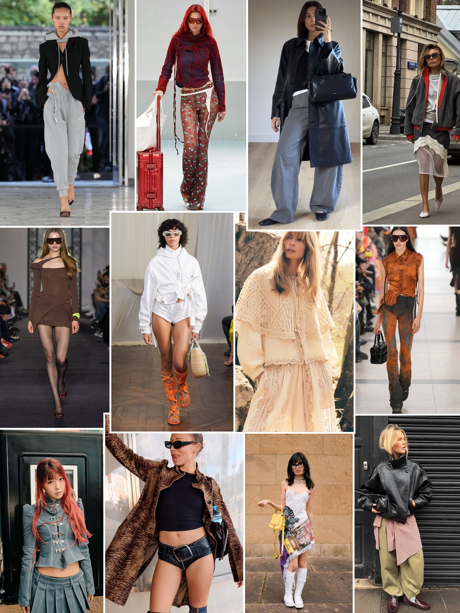 Collage of avant garde runway looks and street style in sculptural layers, sheer fabrics and statement silhouettes