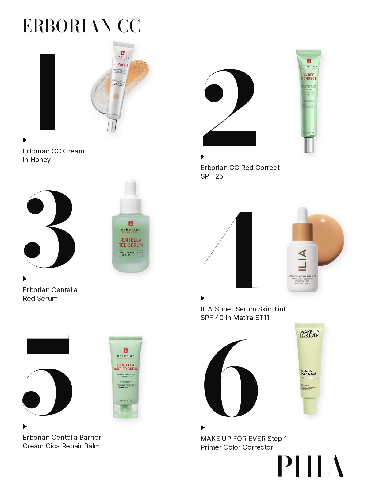 Big numbers collage for Erborian CC Cream: six products from Erborian, ILIA and Make Up For Ever, each set beside a large numeral