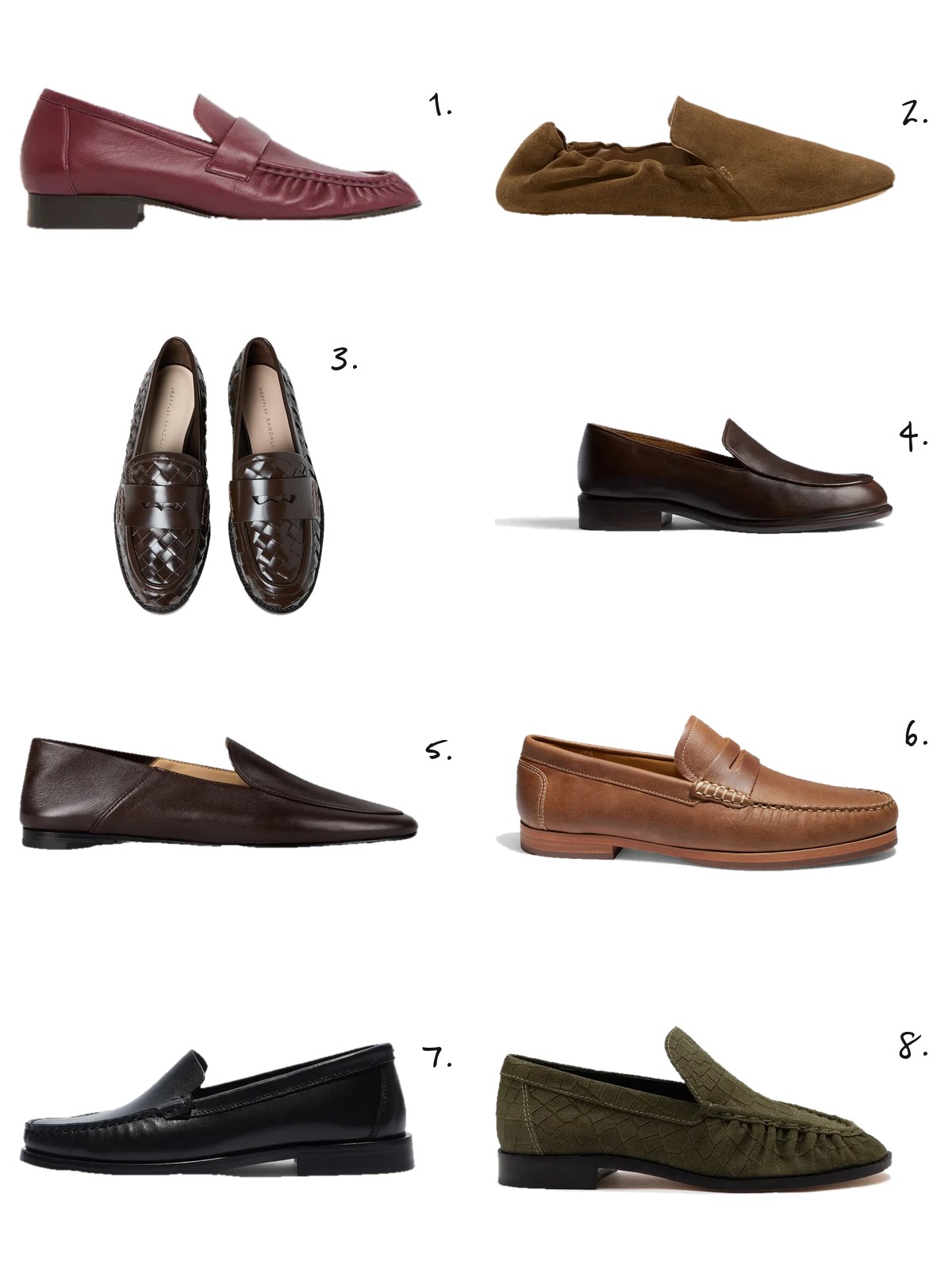 Numbered collage: 1. Mansur Gavriel Ruched Loafer in Oxblood; 2. Le Monde Béryl Orlando Moccasin in Taupe Suede; 3. Loeffler Randall Rachel Woven Leather Loafer in Espresso; 4. Khaite Miles Loafer in Vintage Brown; 5. Dear Frances Gio Loafer in Espresso; 6. Nisolo Leo Penny Loafer in Tobacco; 7. aeyde Arthur Apron Loafer; 8. Larroudé Margaux Loafer in Olive Croc Suede