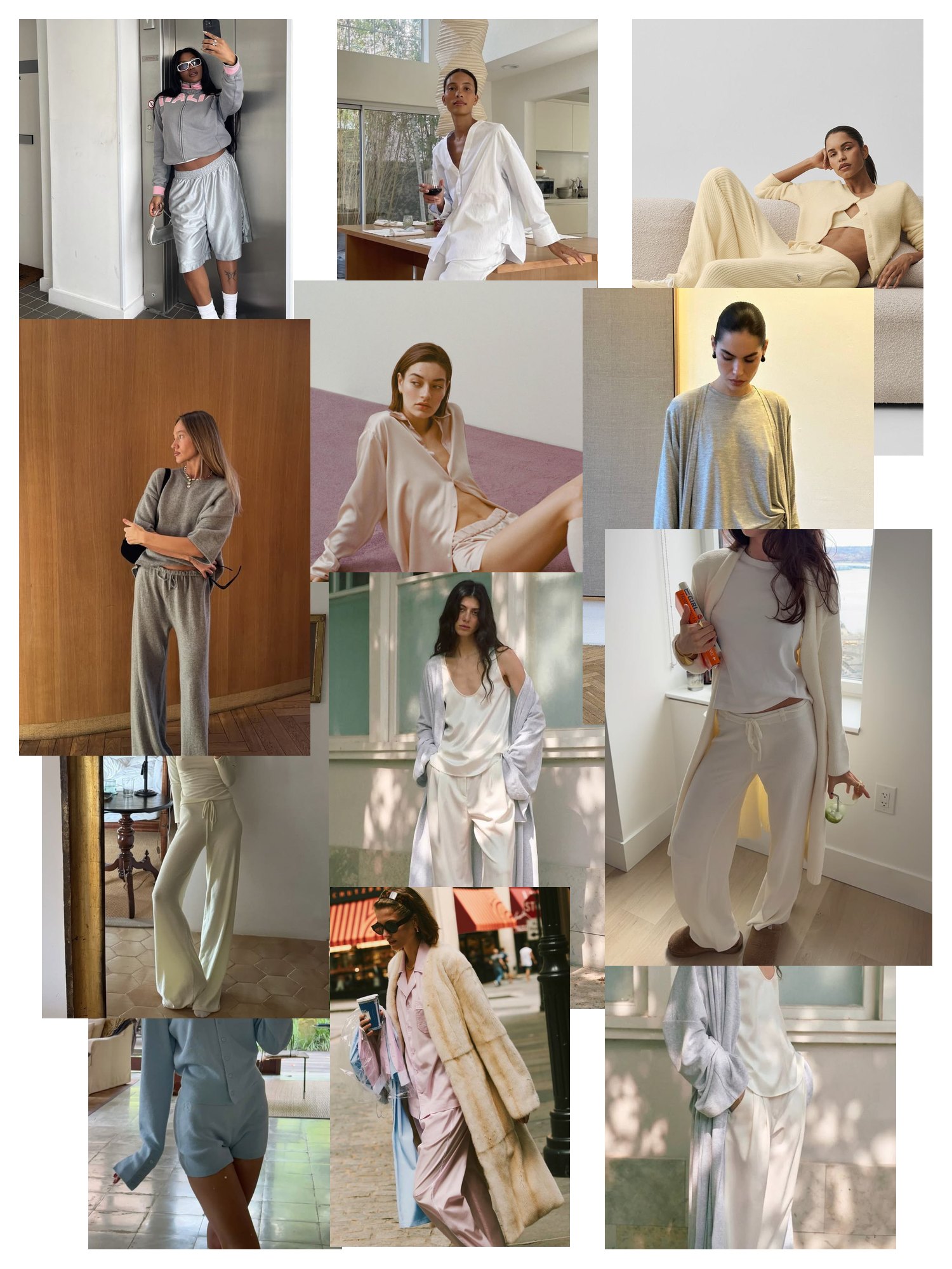 Street-style collage of 12 outfit photos featuring loungewear, scattered and overlapping