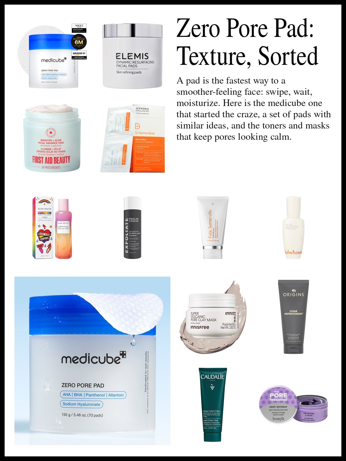 Collage of toner pads, pore toners and serums, and clay masks beside a photo of a woman in a black knit sweater with a thick cream mask on her face, blue-gray patches under her eyes and sunglasses pushed up into her hair.