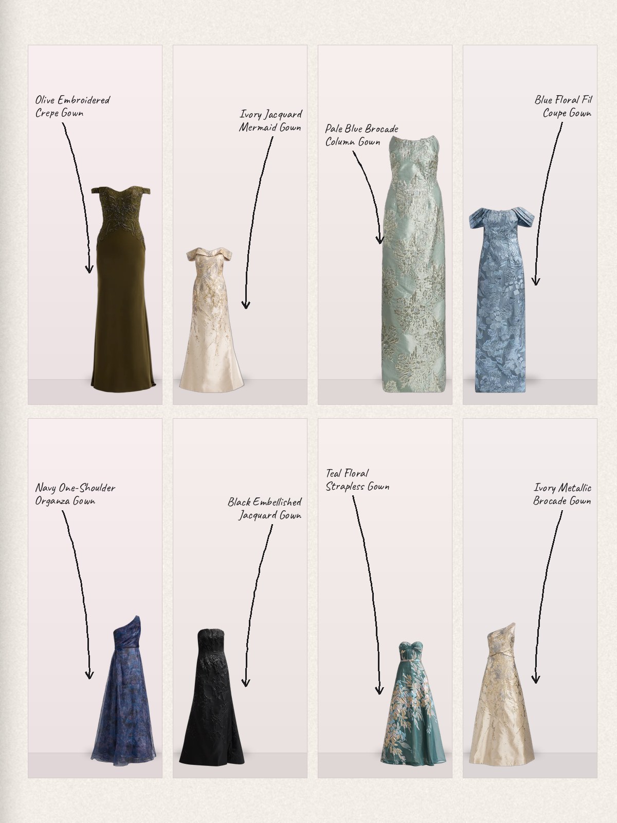 An eight-gown handwritten-label grid from Rene Ruiz Collection.