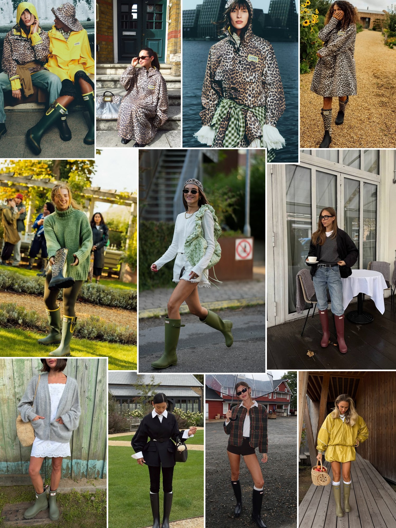 Street style collage of women wearing GANNI x Hunter boots