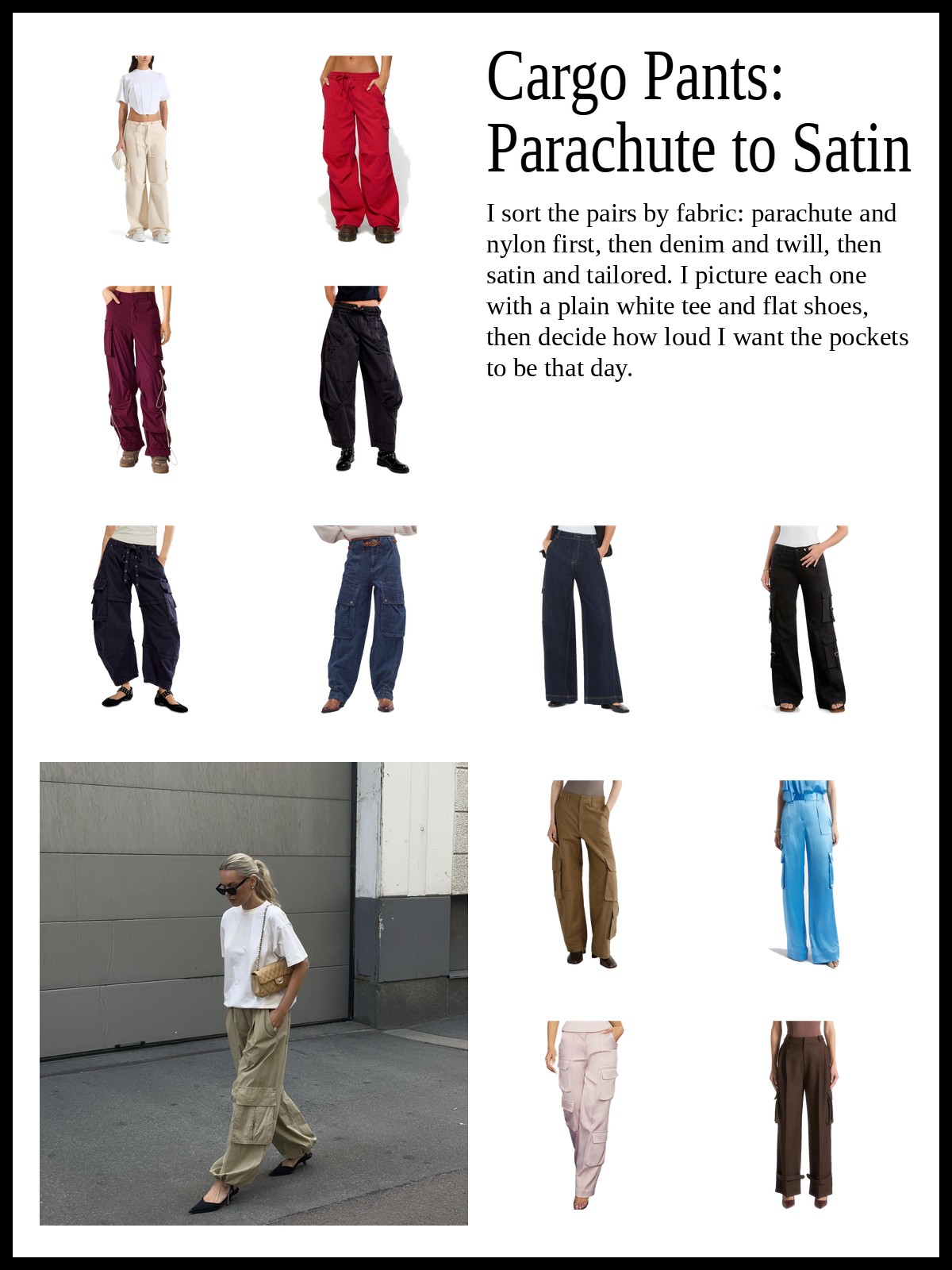 Collage of red and cream parachute pants, denim and twill cargo jeans, and satin wide-leg cargo trousers, and a mood photo of khaki cargo pants with a white tee