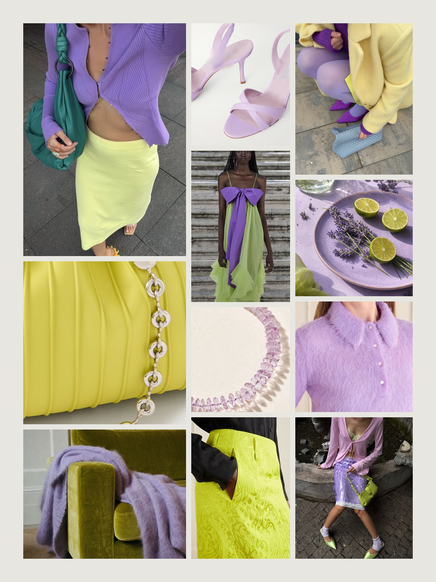 Mood board for chartreuse and lavender outfits: four street-style photos of women wearing chartreuse and lavender, close-ups of the Loewe shoulder bag, the Manolo Blahnik slingback sandals, the Jia Jia amethyst necklace, the Dries Van Noten midi skirt and the Chloé polo sweater from this edit, and two still lifes in both colors