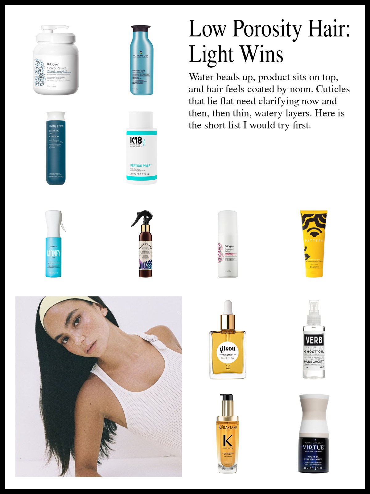 Collage of clarifying shampoos, leave-in milks and lightweight hair oils beside a photo of a woman with long, dark, straight hair and a pale yellow headband, leaning on one arm in a white knit top against a white background.