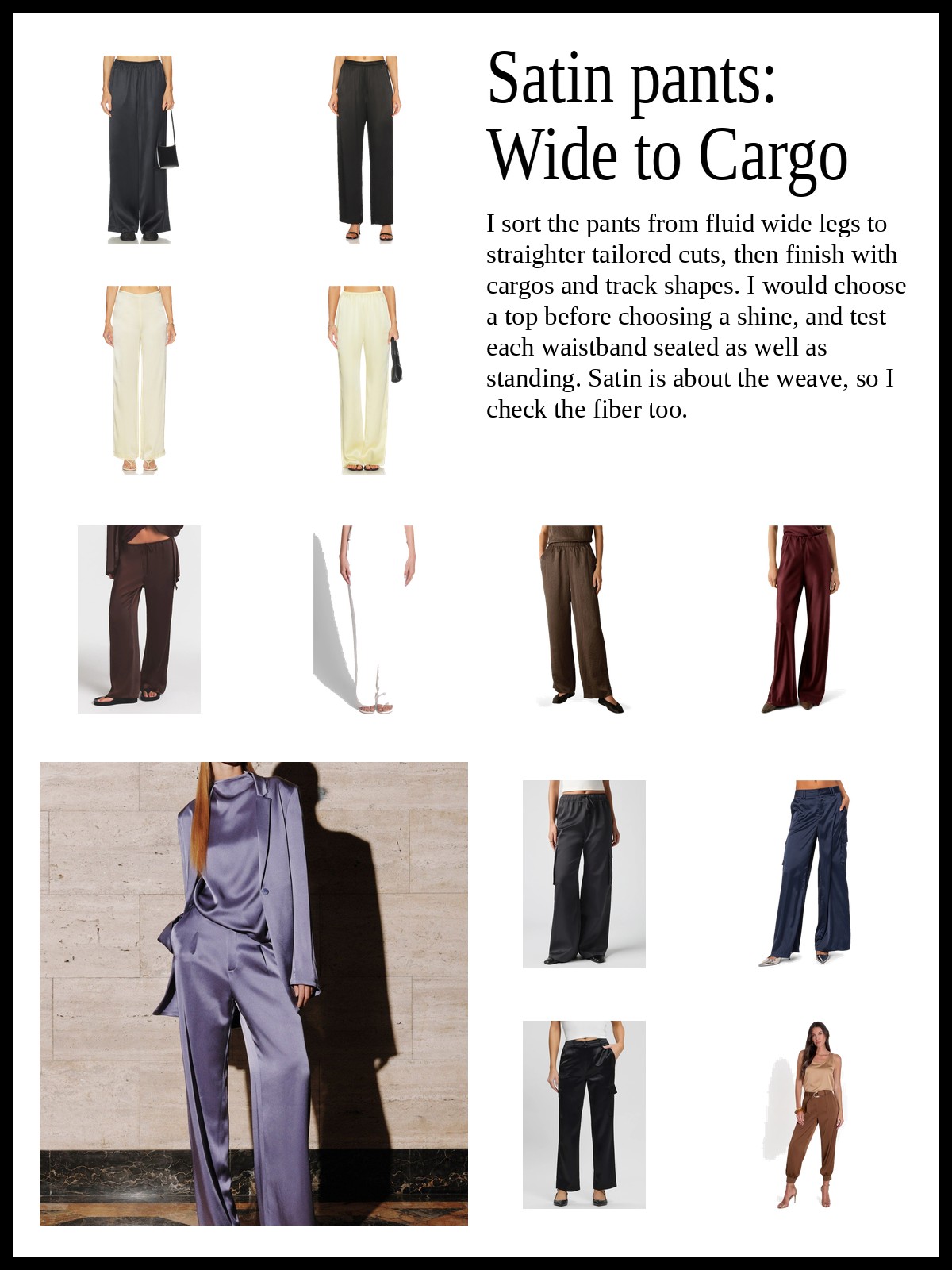 Collage of wide-leg satin pants, straight and tailored satin pants, and satin cargos and track pants, plus a mood photo of a full satin trouser outfit