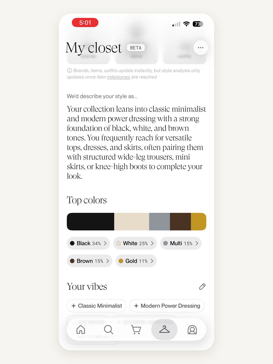 Phia Style analysis: a written description of your style, top colors by percentage and your vibes