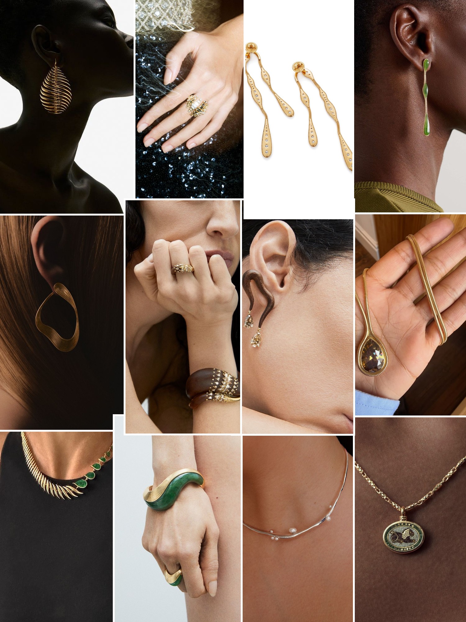 Collage of rings, earrings and layered necklaces worn up close, in the spirit of Fernando Jorge