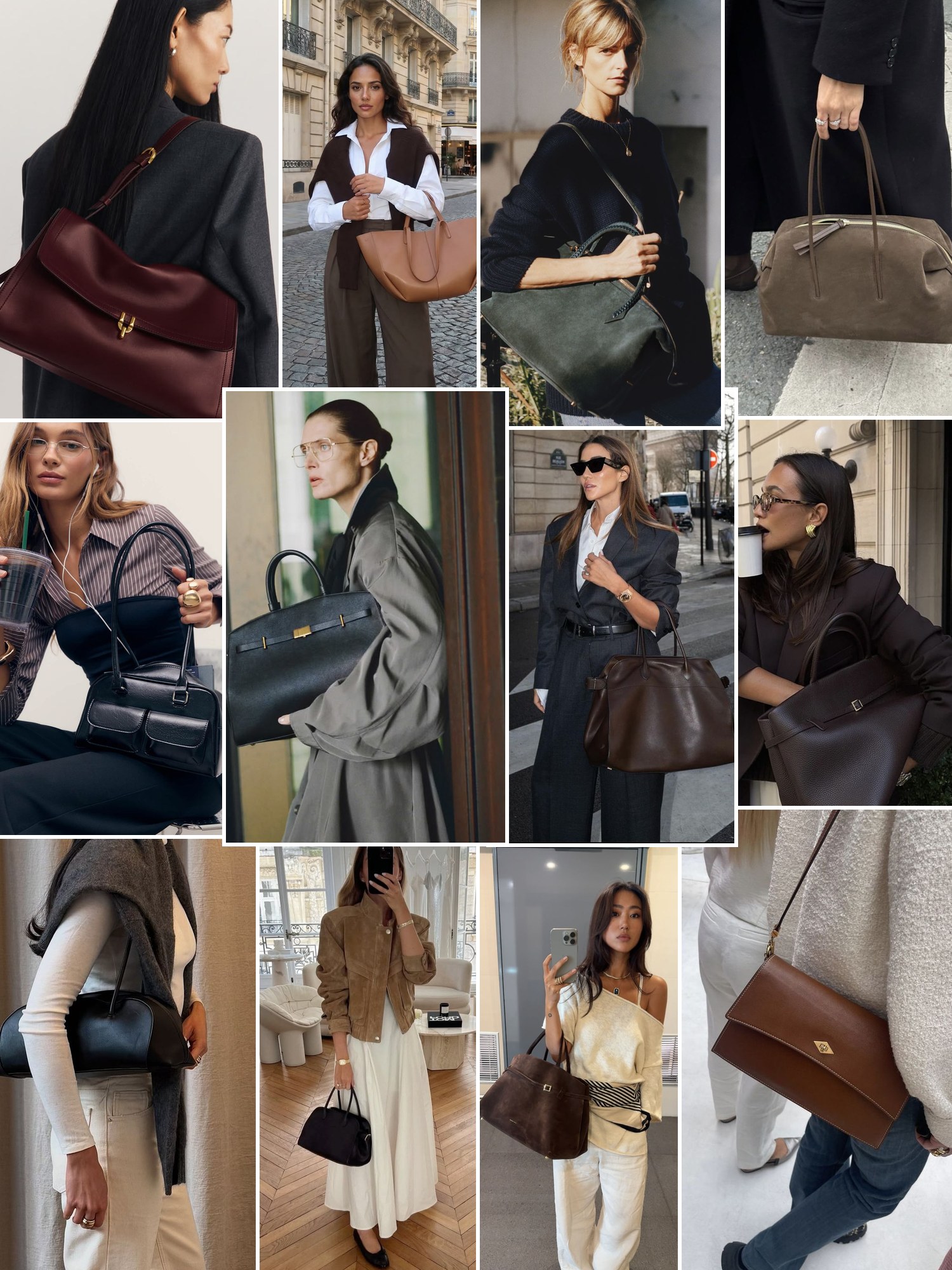 Collage of everyday outfits built around Métier bags