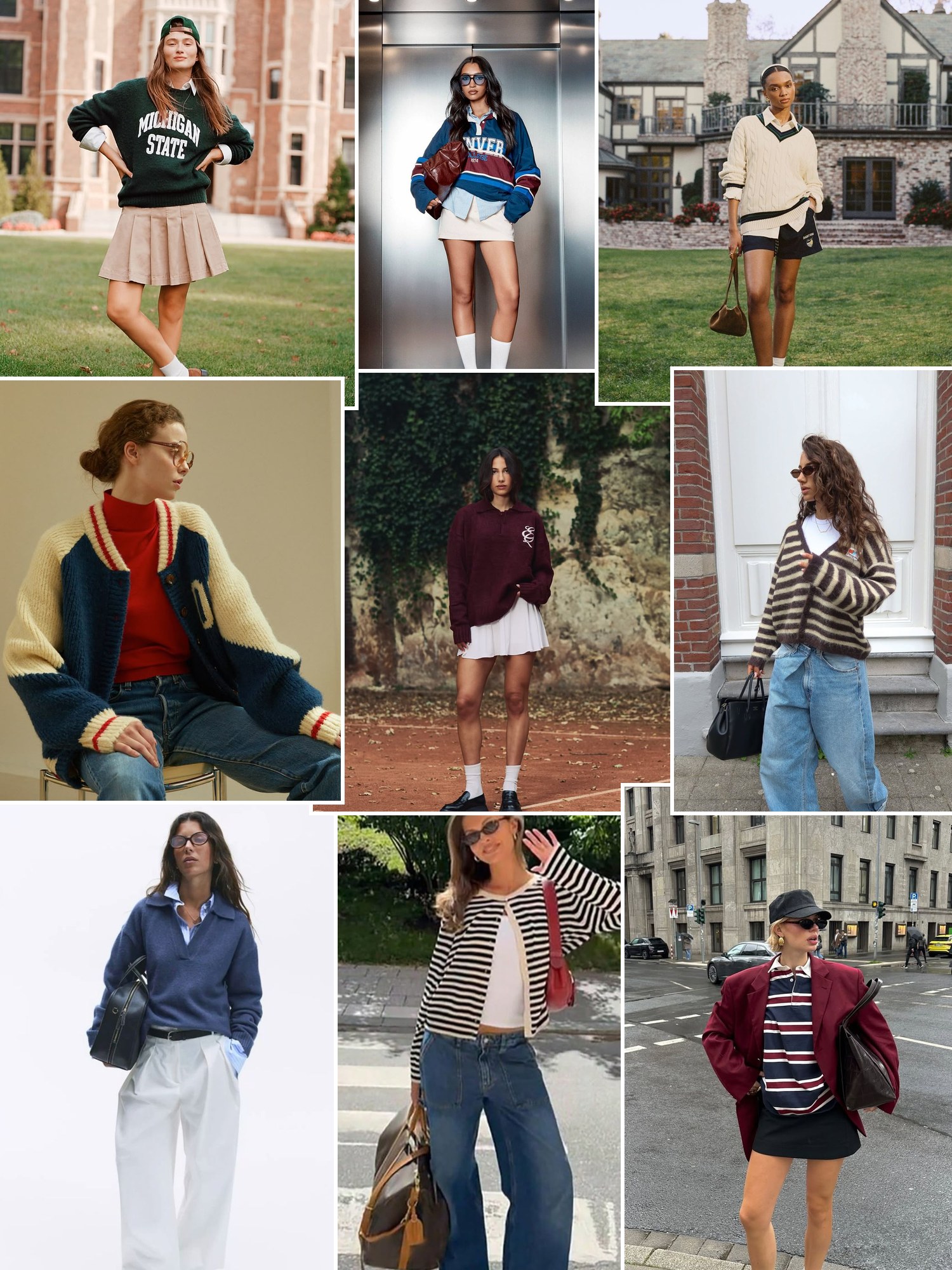 Collage of everyday outfits built around varsity sweater