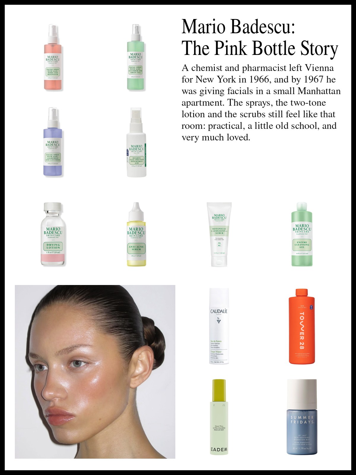 Collage of Mario Badescu facial sprays, drying lotion, cleansers and lip balm, and face mists from other brands, beside a mood photo of a woman with dewy, freshly misted skin.
