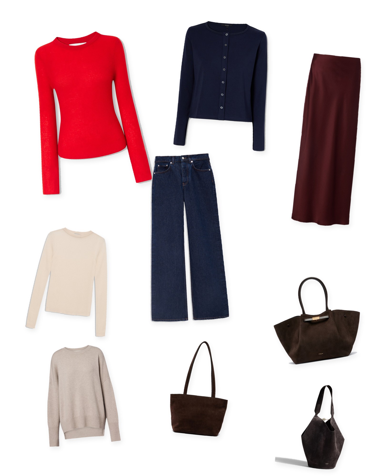 Flat lay of a red sweater, a navy cardigan, an ecru sweater, a beige sweater, dark jeans, a burgundy satin maxi skirt and three brown suede tote bags on white.