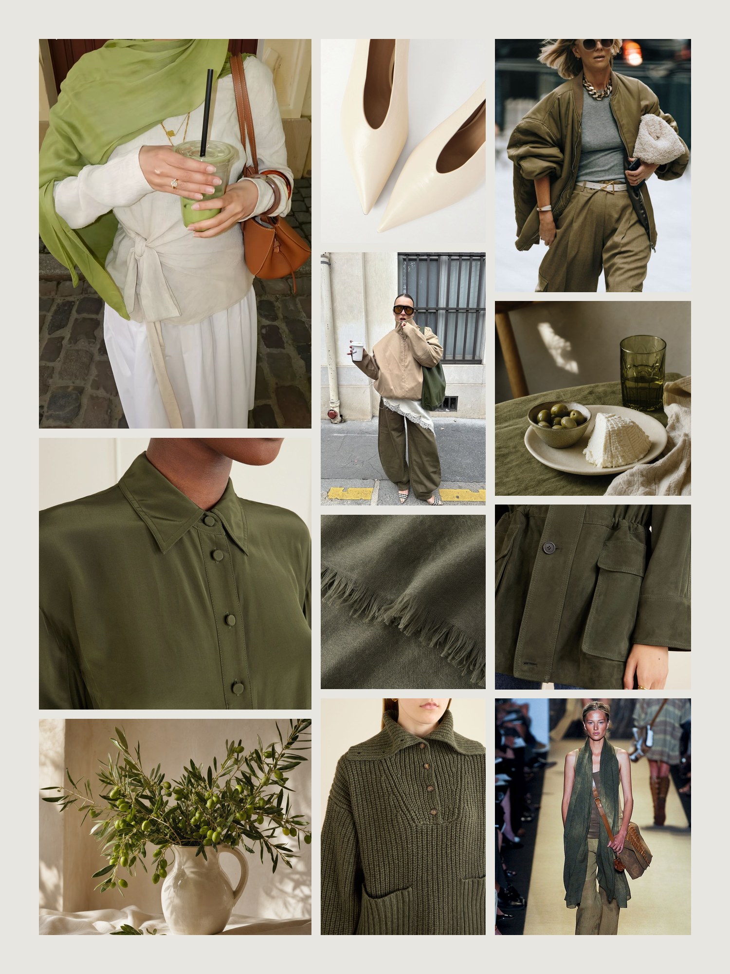 Mood board for olive green and cream outfits: four street-style photos of women wearing olive green and cream, close-ups of the Brunello Cucinelli scarf, the Le Monde Beryl pumps, the Polo Ralph Lauren sweater, the Veronica Beard midi dress and the Arma jacket from this edit, and two still lifes in both colors