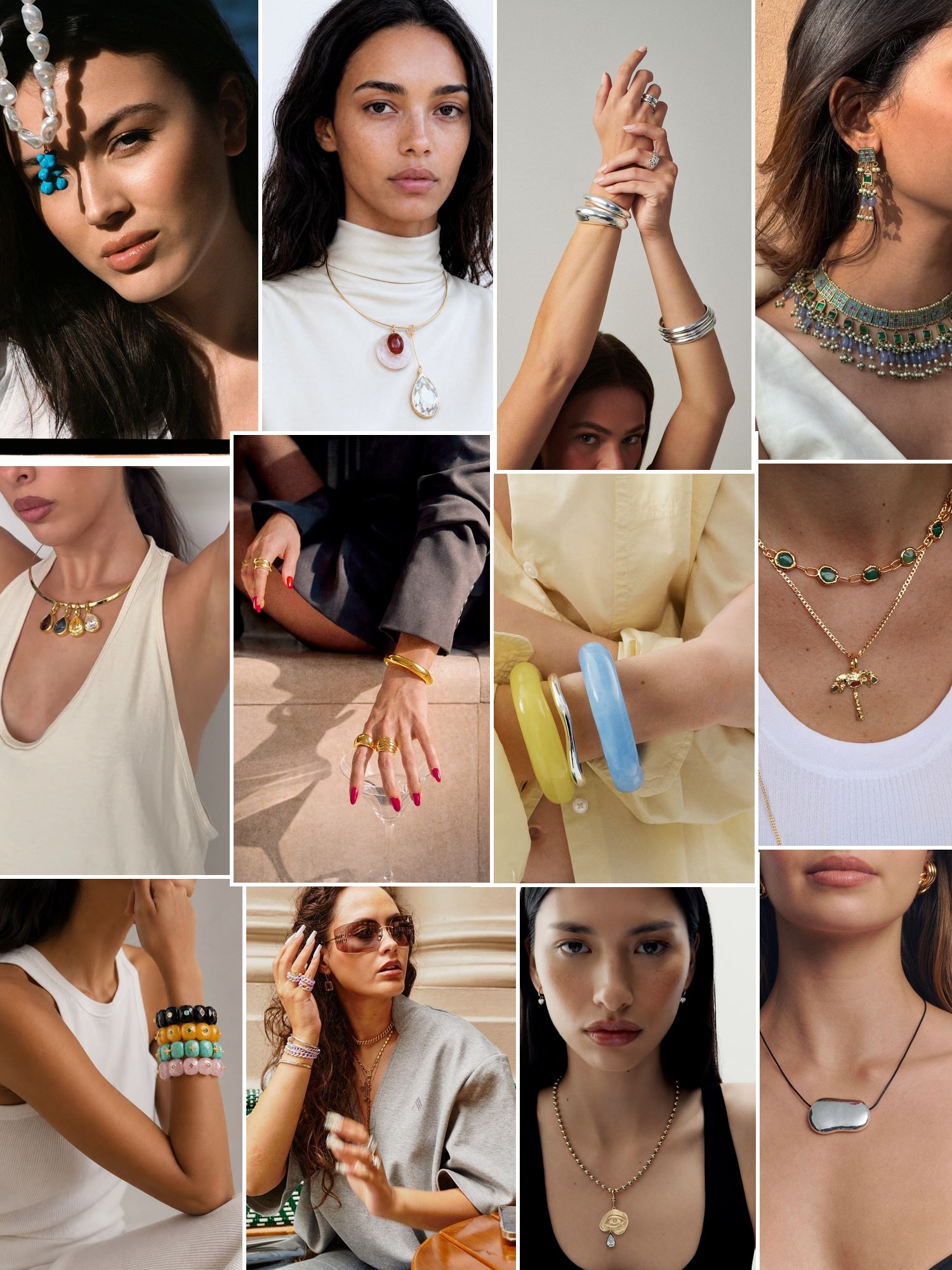 Collage of rings, earrings and layered necklaces worn up close, in the spirit of MÉGA