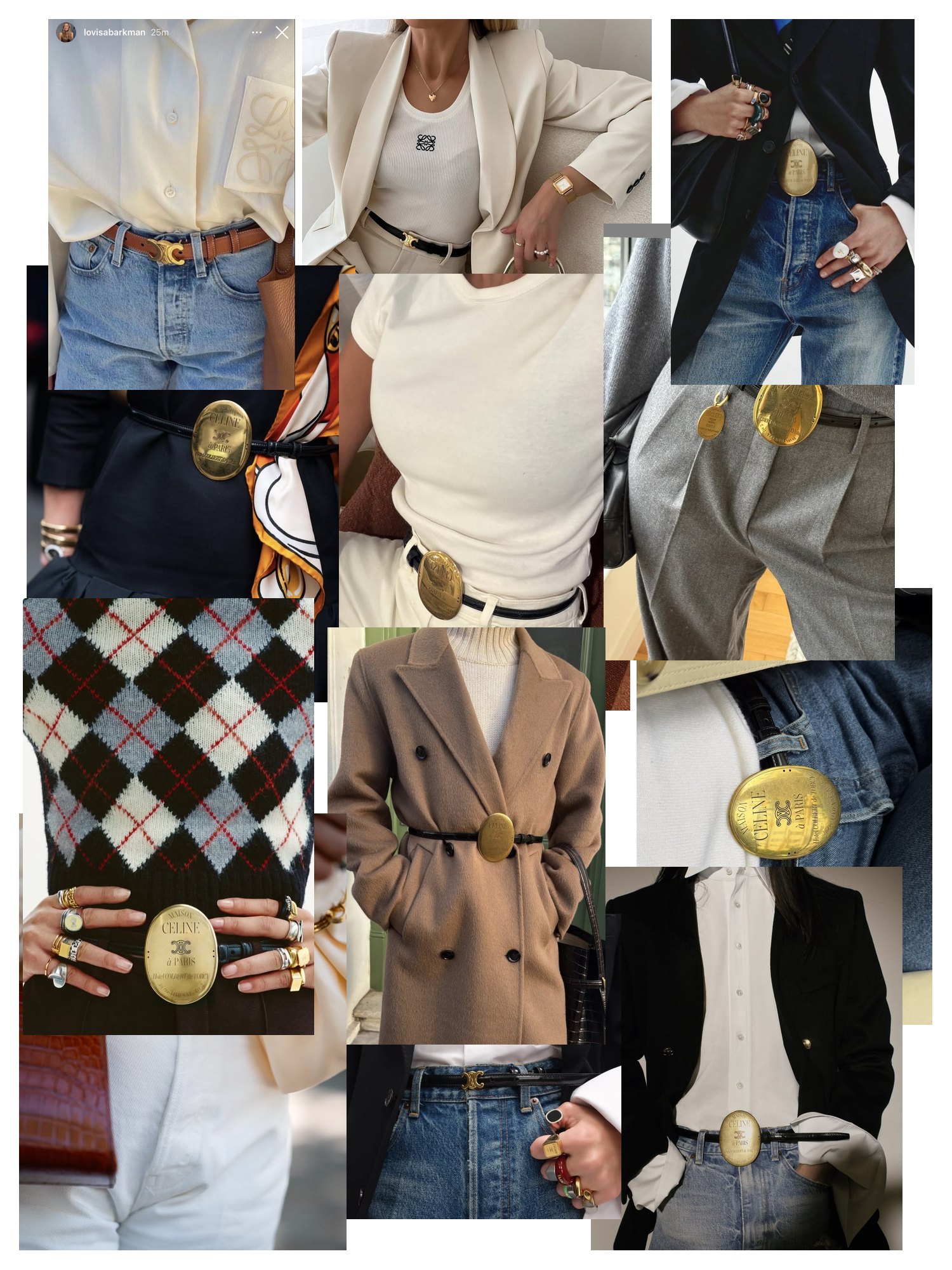 Street-style collage of 12 outfit photos featuring celine belt, scattered and overlapping
