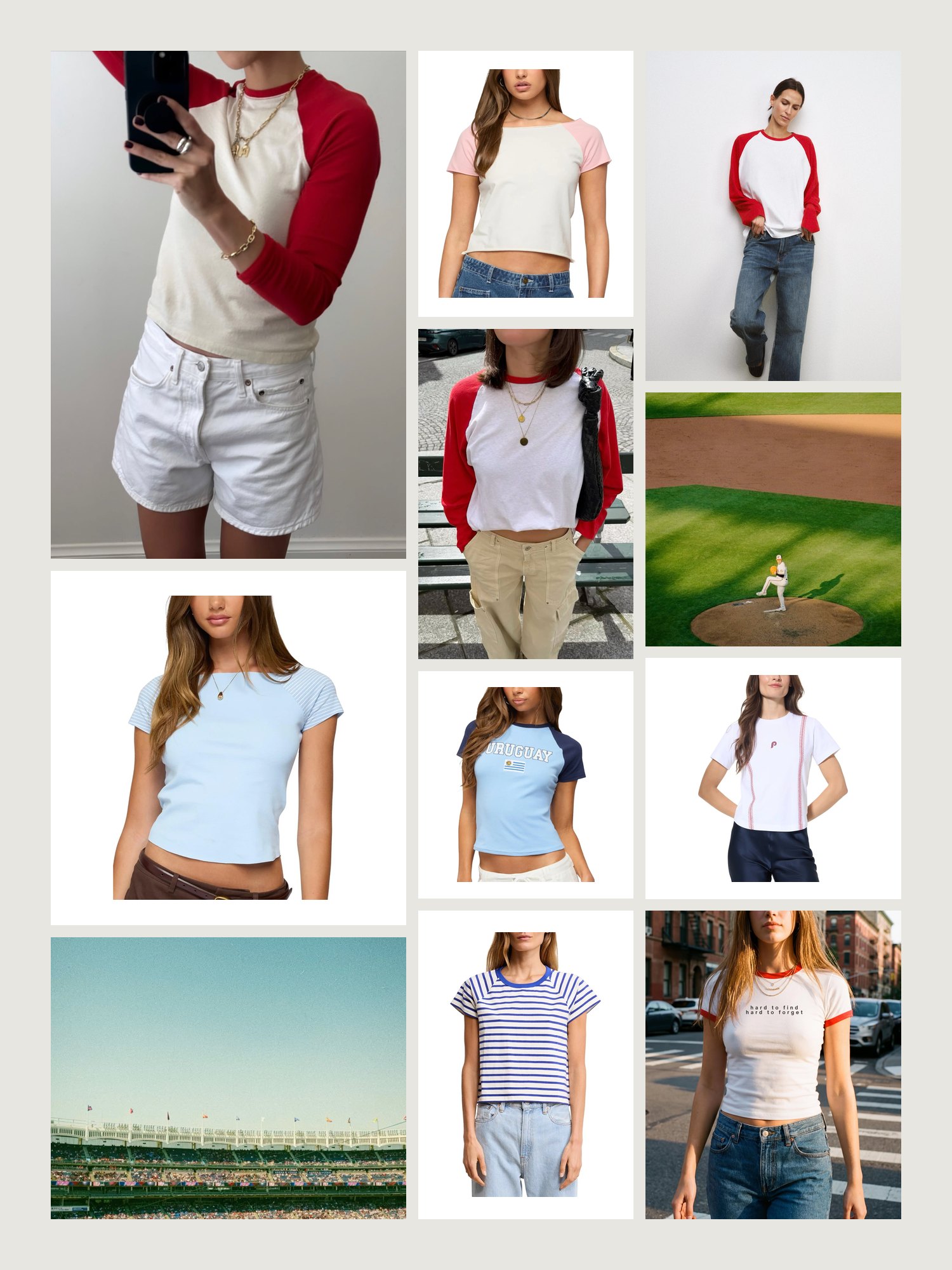 Vibe collage for short-sleeve baseball tees: contrast raglans worn with denim, a ballpark sky and short-sleeve tees from the grid below