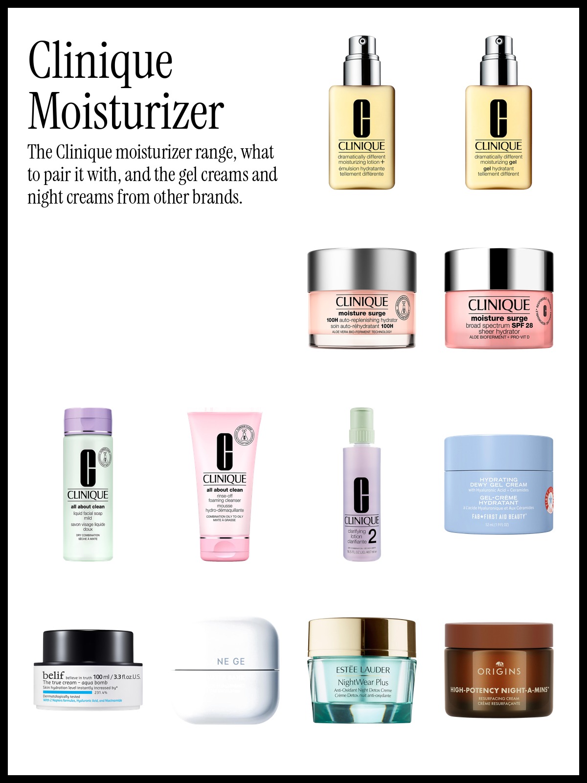 Collage of Clinique Dramatically Different Moisturizing Lotion+, Clinique All About Clean Liquid Facial Soap and First Aid Beauty Hydrating Dewy Gel Cream