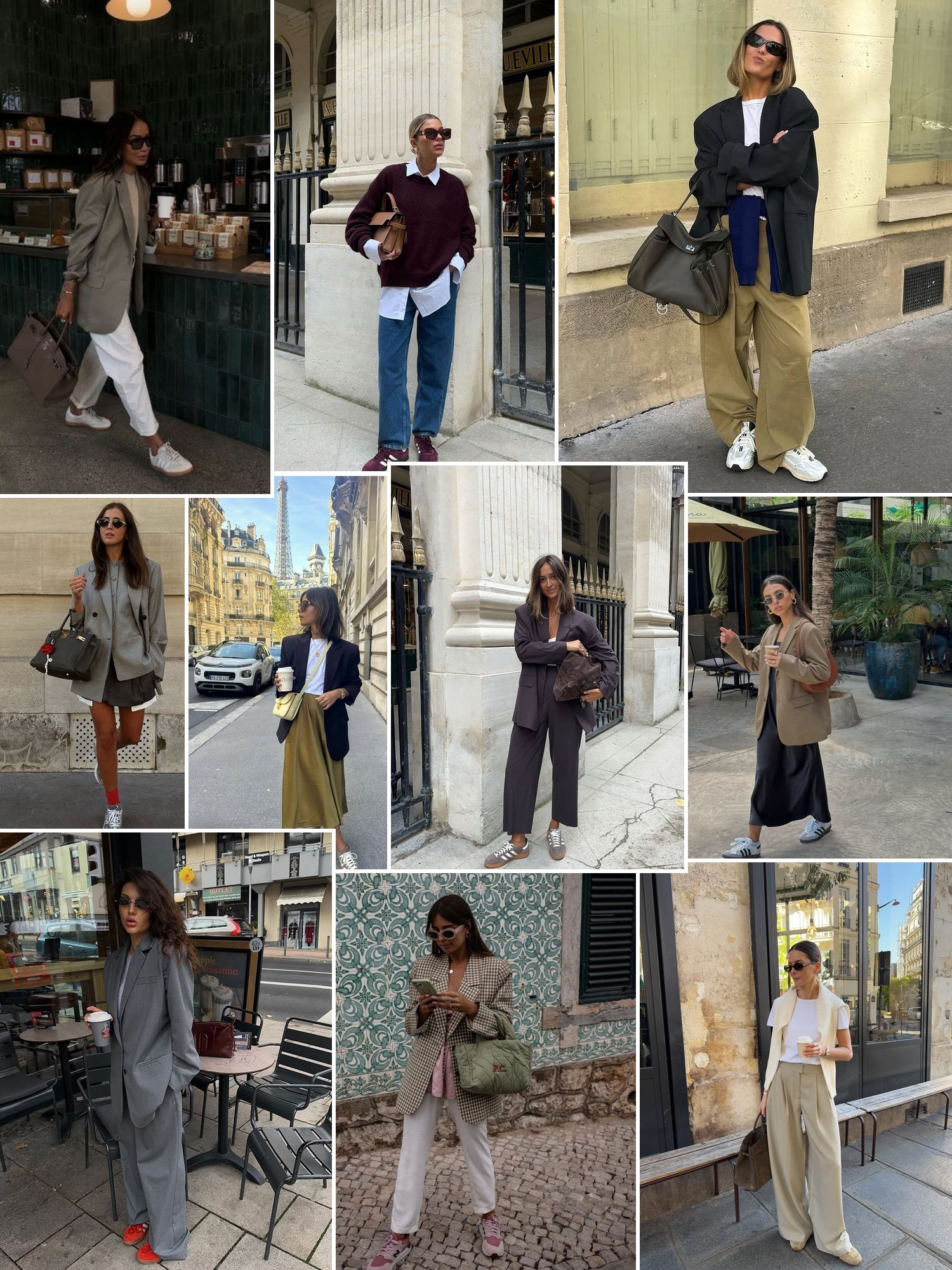 Street style collage of women wearing sneakers with tailored trousers and blazers