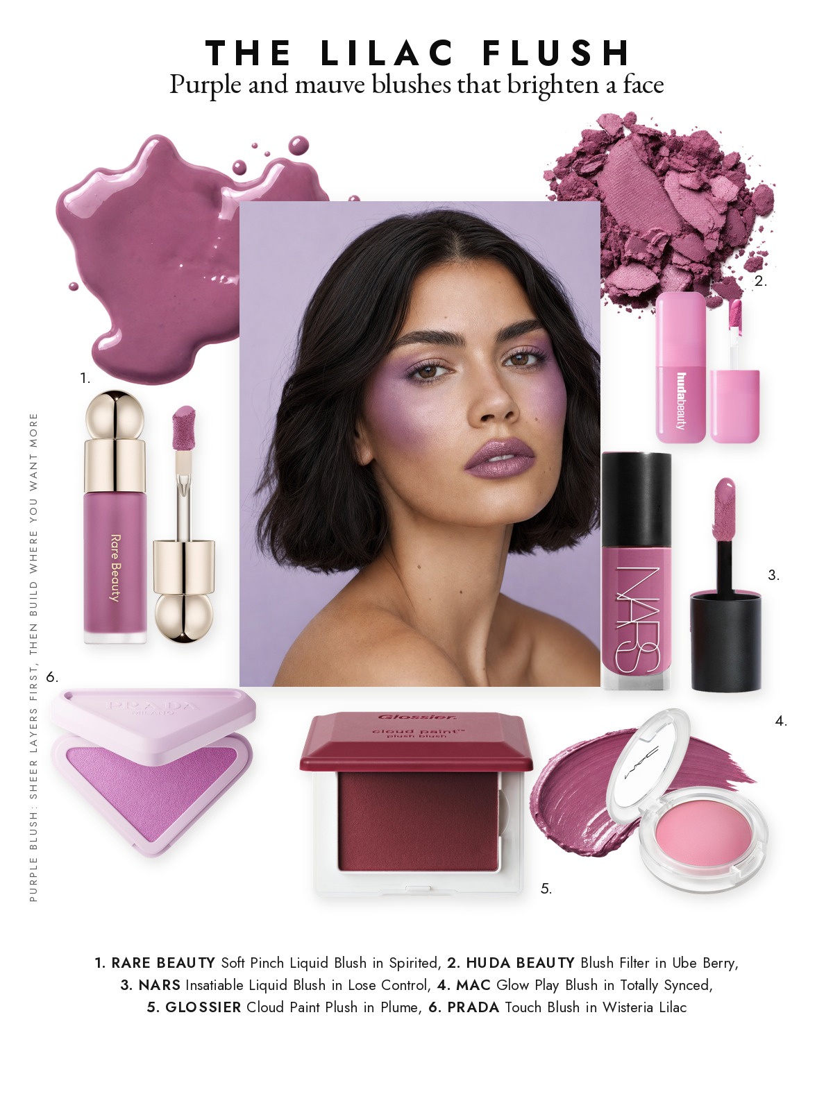 Magazine page collage for Purple Blush That Reads as a Flush, Lilac to Plum, featuring Huda Beauty, MAC, NARS, Rare Beauty, Glossier and Prada
