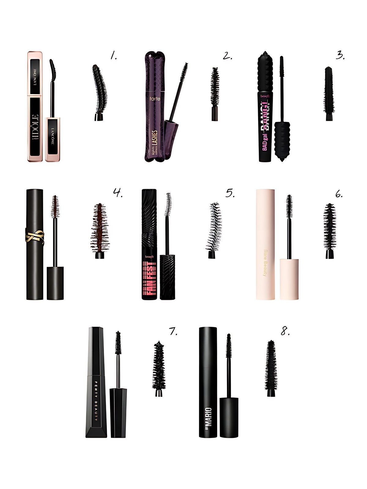 Numbered collage: 1. Lancôme Lash Idôle Lengthening & Volumizing Mascara in 01 Glossy Black; 2. tarte lights, camera, lashes 4-in-1 volumizing mascara in Black; 3. Benefit Cosmetics BADgal BANG! Volumizing 36-Hour Longwear Mascara in Intense Pitch Black; 4. Yves Saint Laurent Lash Clash Extreme Volume Mascara in Uninhibited Brown; 5. Benefit Cosmetics Fan Fest Fanning & Volumizing Mascara in Hyper Black; 6. Rare Beauty by Selena Gomez Perfect Strokes Universal Volumizing Mascara in Black; 7. Fenty Beauty by Rihanna Hella Thicc Volumizing Mascara in Cuz I'm Black; 8. MAKEUP BY MARIO Master Mascara Volumizing & Lift in Super Black