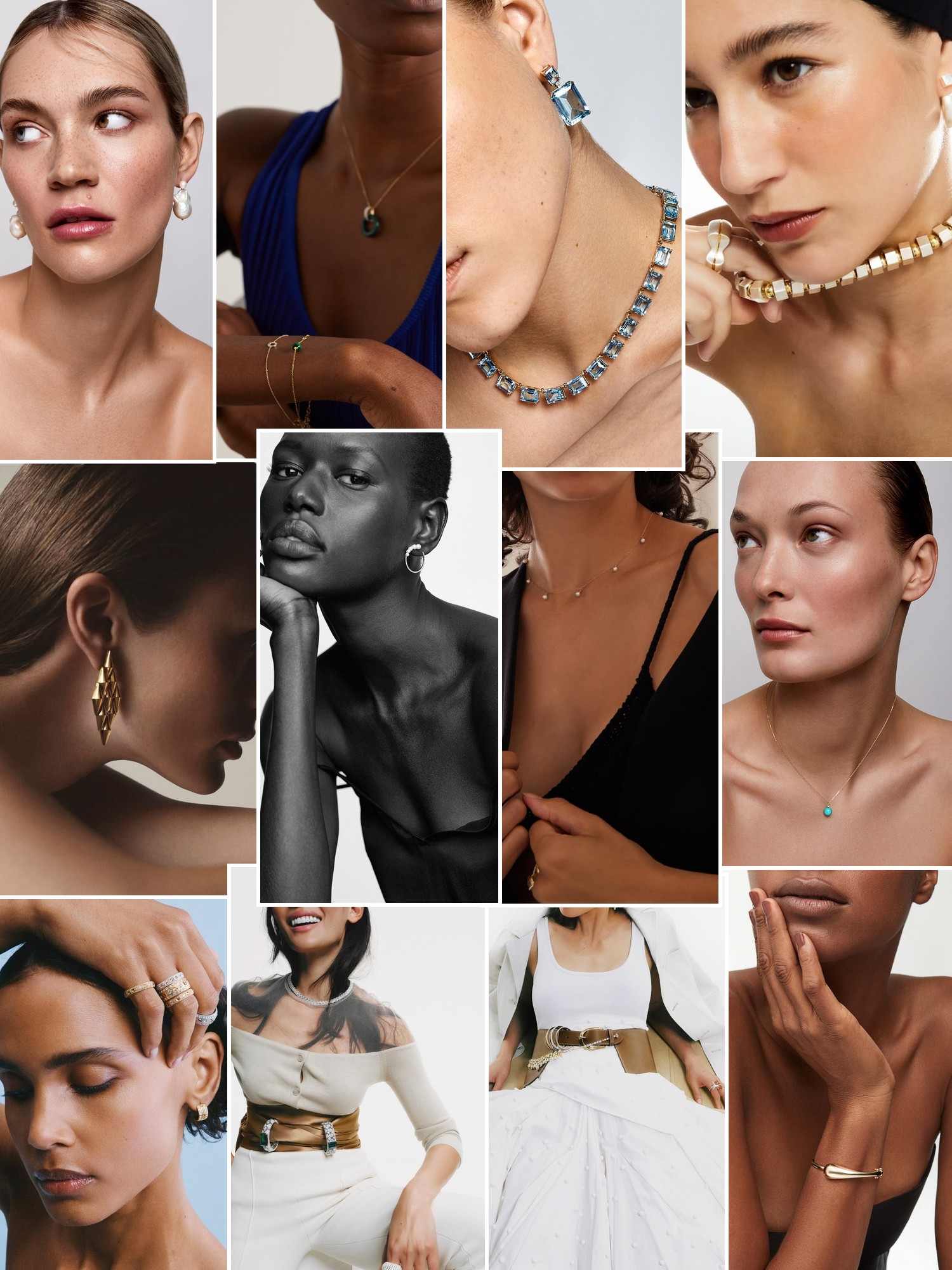Collage of rings, earrings and layered necklaces worn up close, in the spirit of Mateo