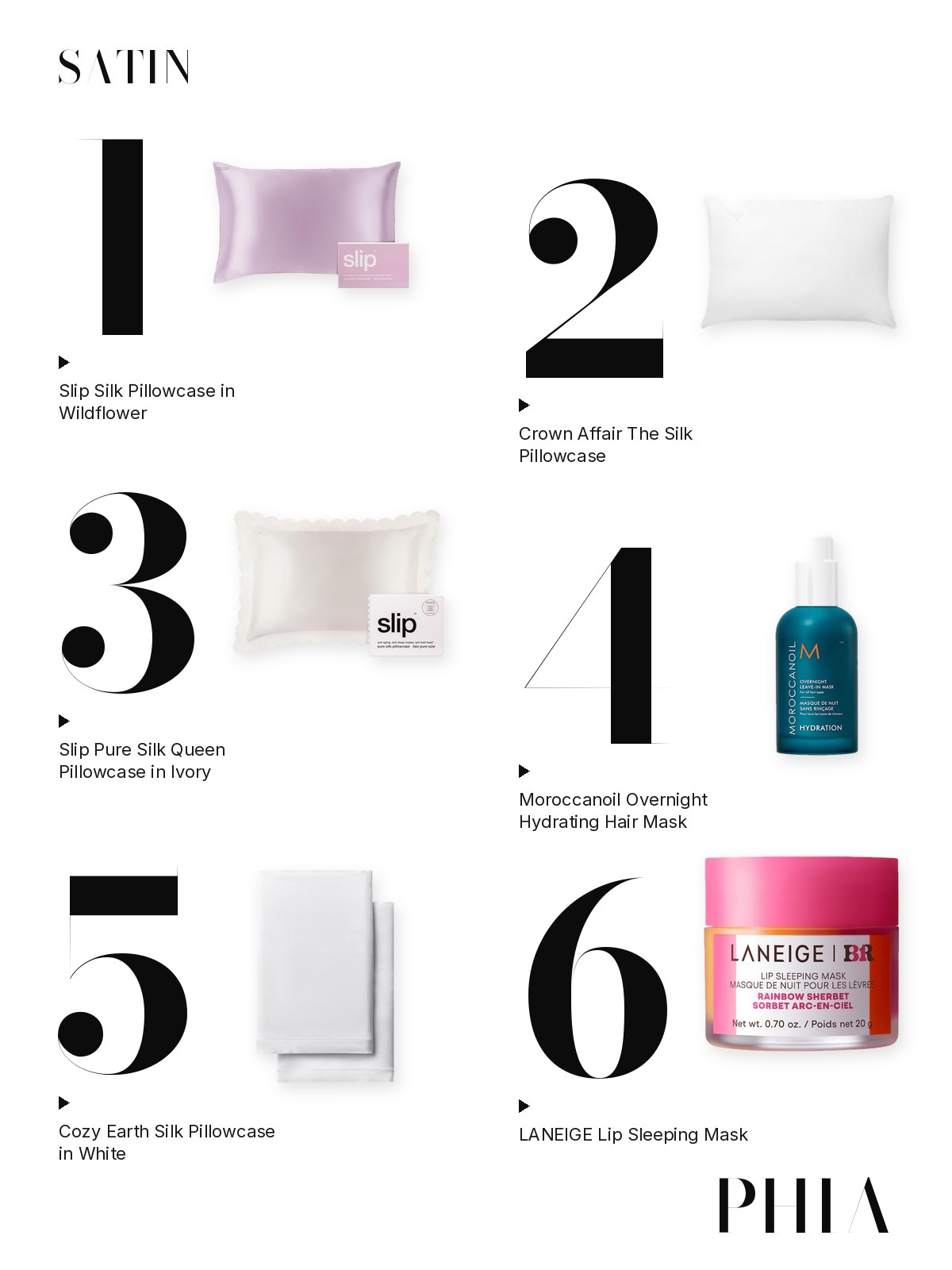 Big numbers collage for Satin Pillowcase: six products from Slip, Crown Affair, Moroccanoil, Cozy Earth and LANEIGE, each set beside a large numeral