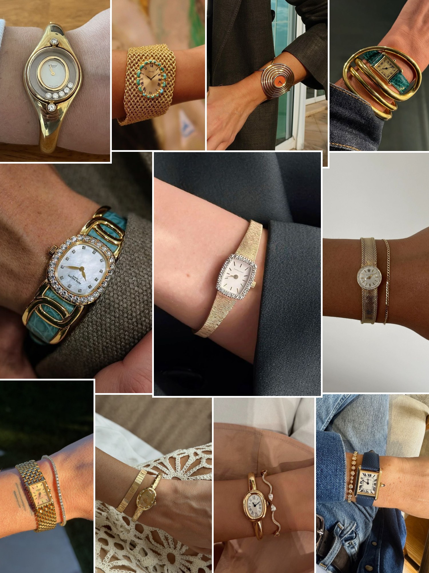 Collage of vintage gold watch jewelry details