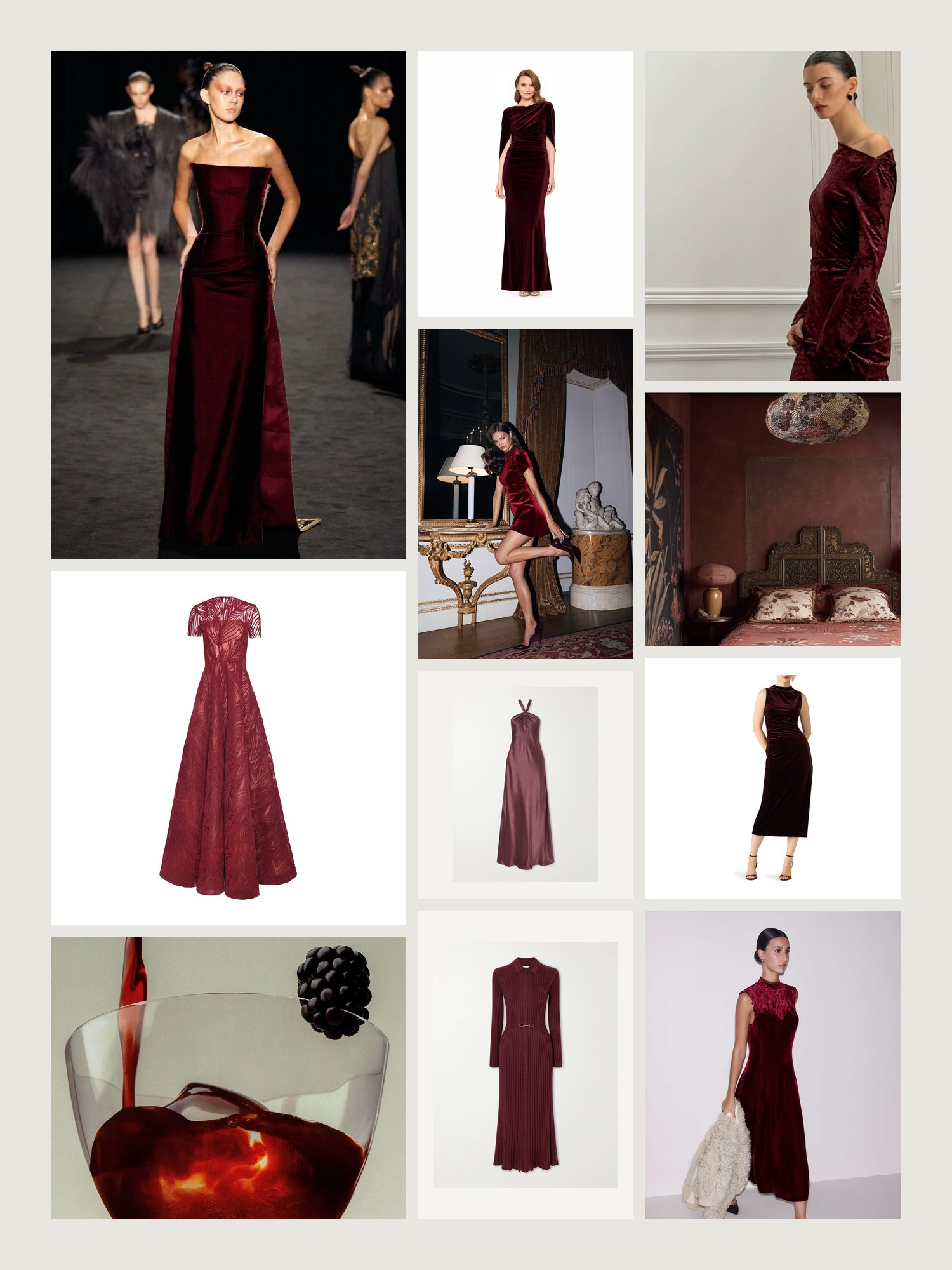 Vibe collage for burgundy velvet, satin and knit dresses: velvet gowns, a wine-dark room and the soft dresses from the grid below