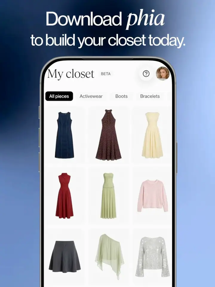 A Phia closet of dresses, knits and skirts loading in, with a Download phia to build your closet today banner