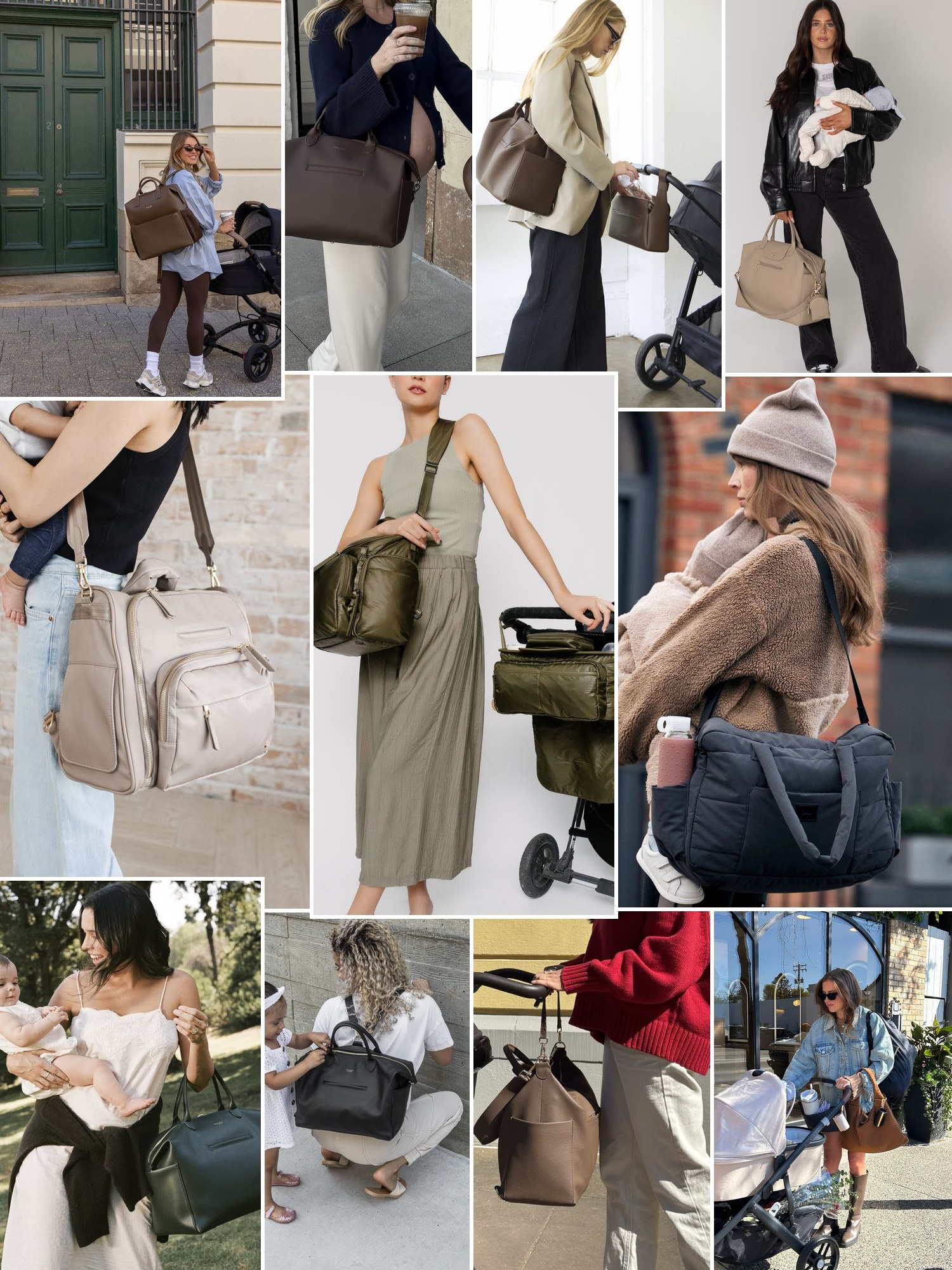 Street style collage of women wearing diaper bag