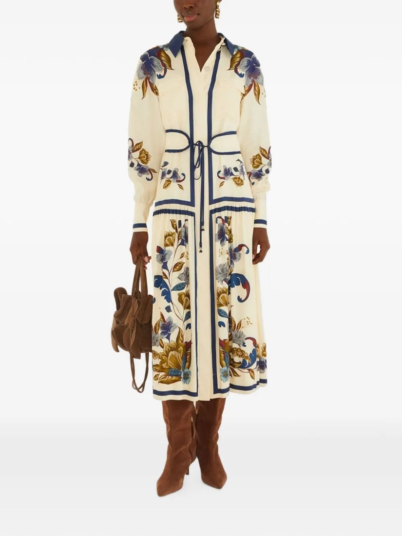 Floral-print belted midi shirt dress
