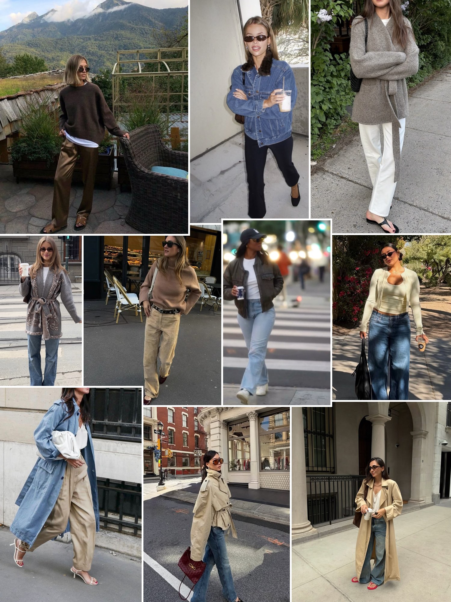 Street style collage of trench coats and light layers