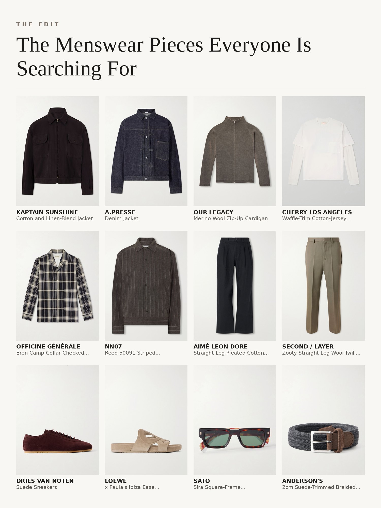 Collage of trending menswear: workwear jackets, Our Legacy knits, camp-collar shirts, straight jeans, boat shoes and tortoiseshell sunglasses