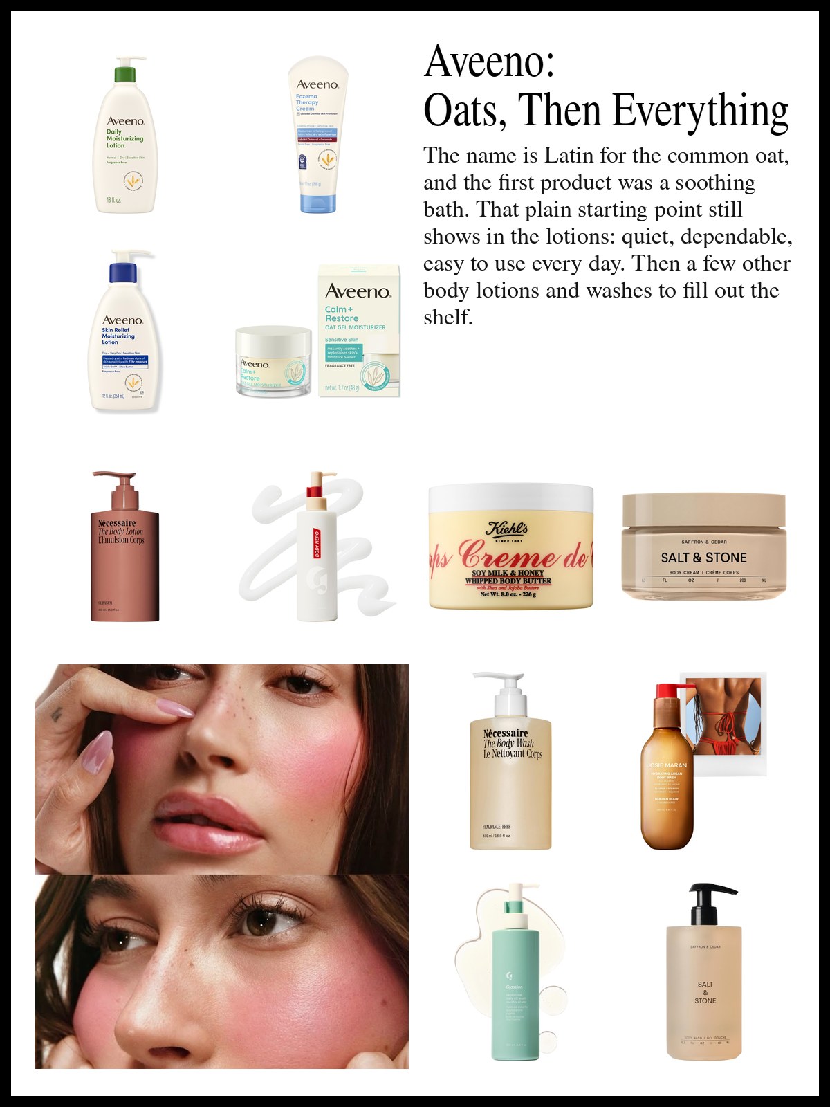 Collage of oat lotions, body creams and gentle washes beside a two-part photo of a woman's face in close-up, with pink blush on the cheeks, glossy lips, pale pink almond nails and a large oval ring.