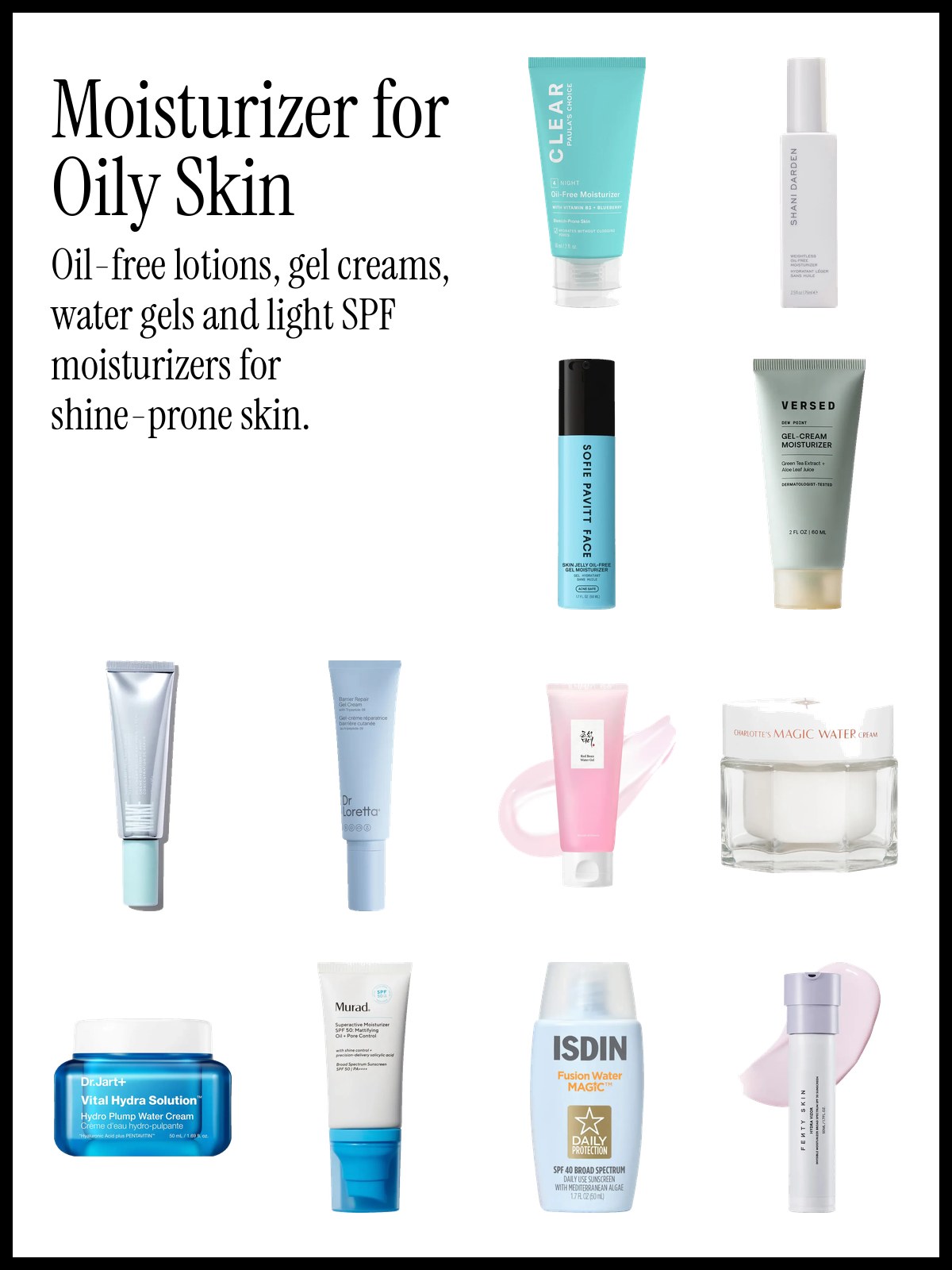 Collage of oil-free and gel moisturizers including Paula's Choice CLEAR, Versed Dew Point, Beauty of Joseon Red Bean Water Gel and Murad Superactive SPF 50