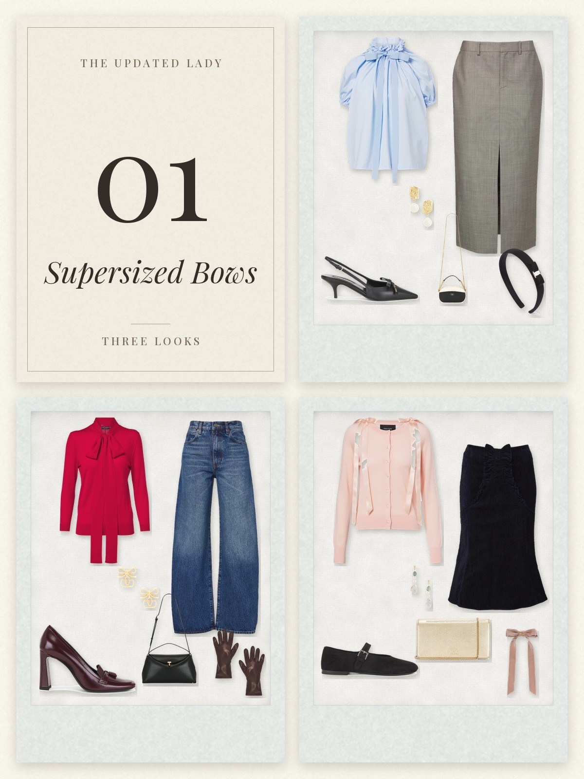 The Updated Lady trend card and three bow outfits laid flat in Polaroid frames