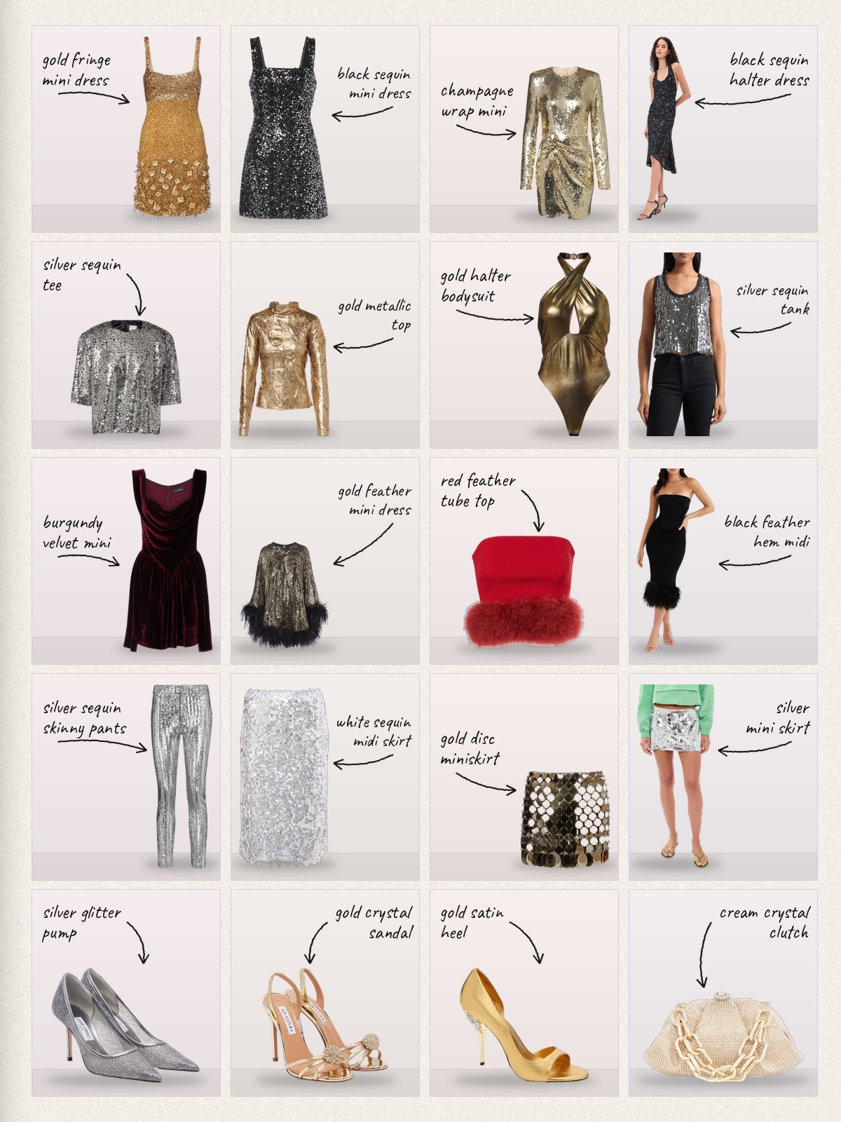 Collage of 20 pieces for New Year's Eve outfits