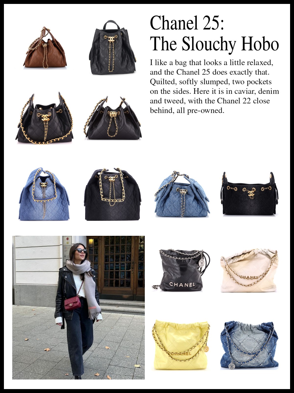 A collage of quilted Chanel 25 hobo bags in caviar, denim and tweed, a suede backpack, a clutch with chain and Chanel 22 hobos, and a mood photo of a woman in a black leather jacket and jeans carrying a small red quilted bag on a city street.