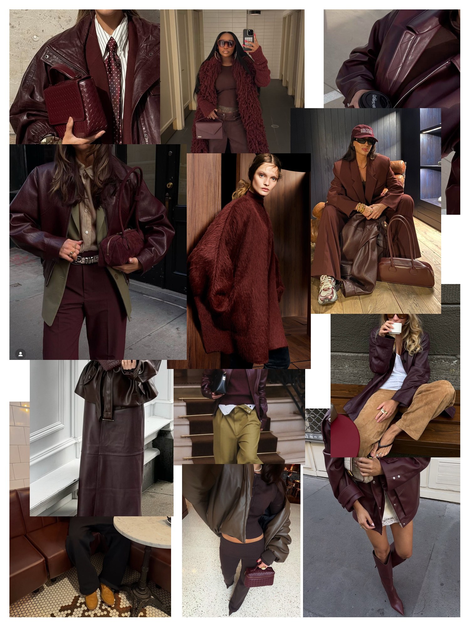 Collage of twelve street-style photos of women wearing burgundy and chocolate brown outfits, scattered and overlapping on white