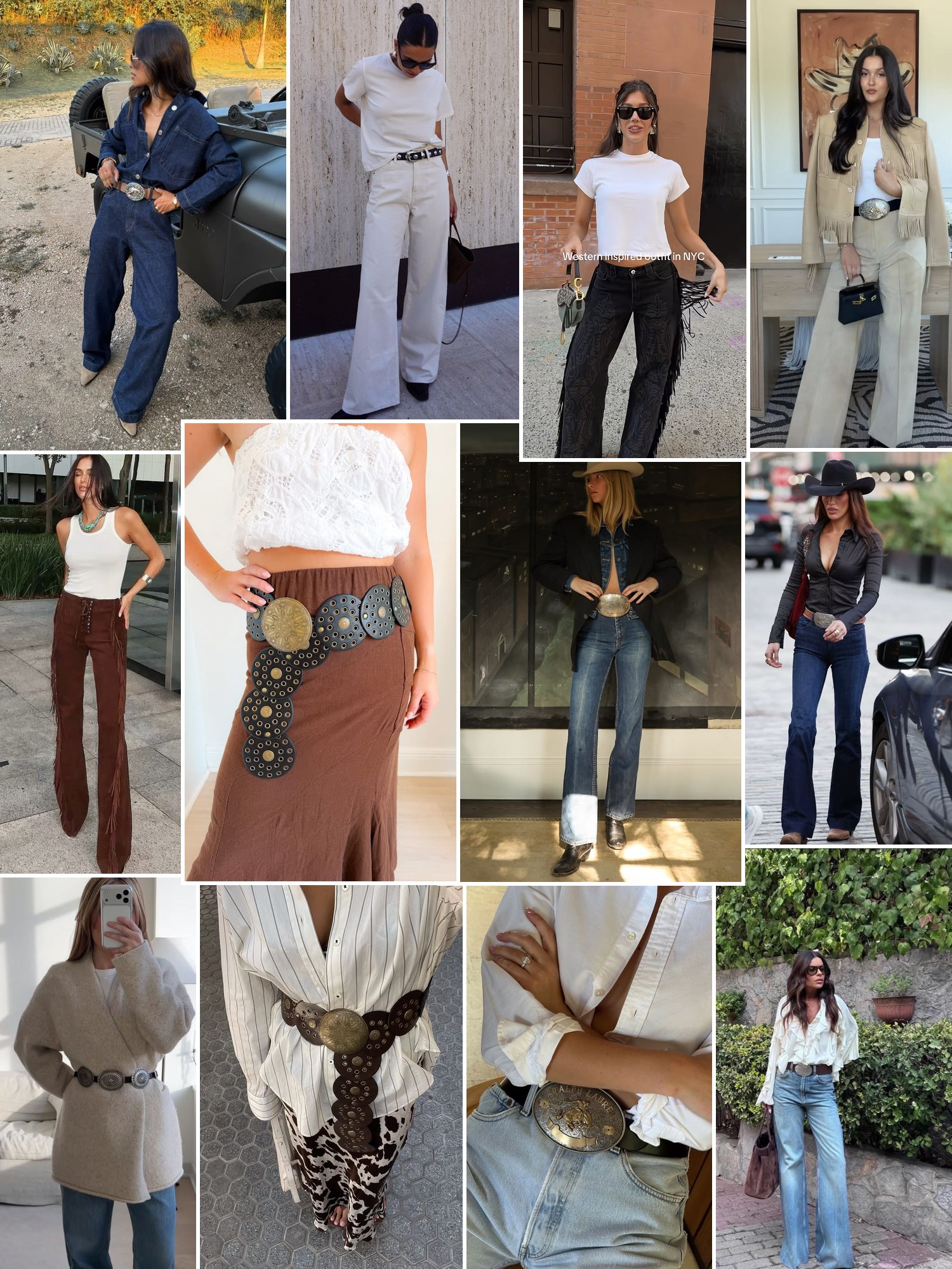 Collage of outfit photos styled with western belts with silver concho buckles