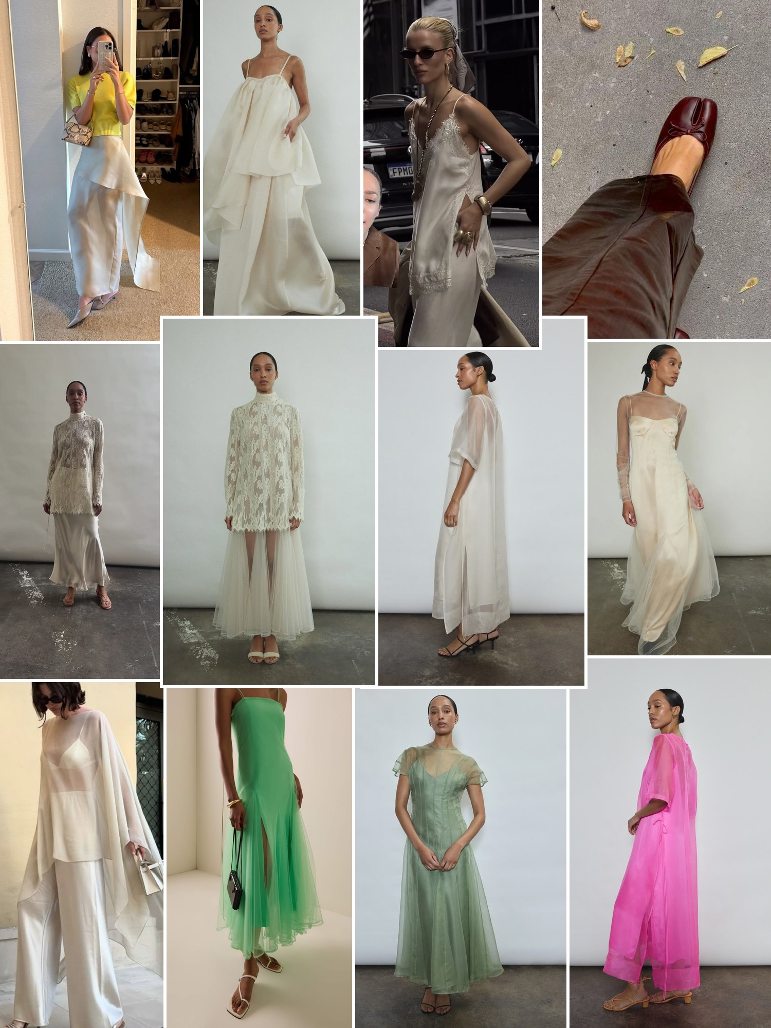Collage of runway looks, campaign shots and street style outfits that capture the Kamperett mood