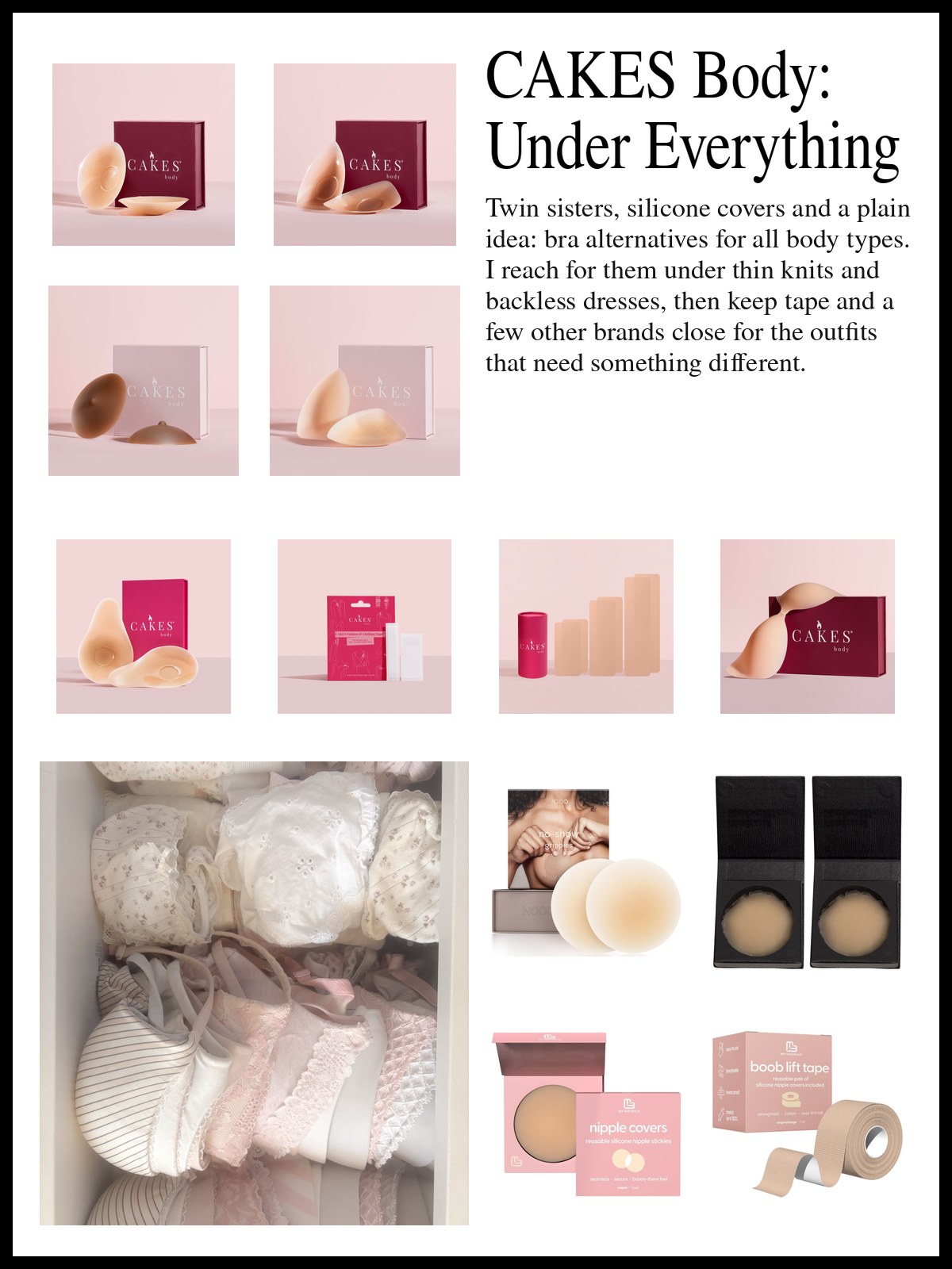 Collage of CAKES nipple covers, body tape and a cleavage bra with reusable covers and lift tape from other brands, and a mood photo of a drawer of neatly folded bras.